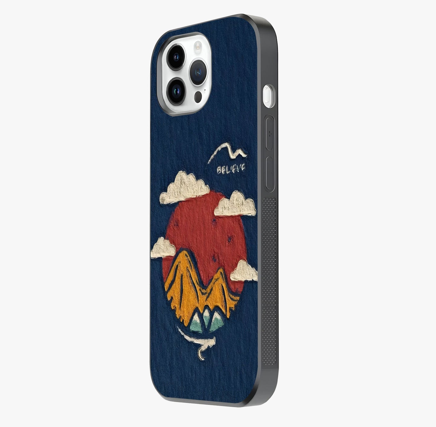 Dream Beyond Mountains Glass Case photographed in natural light showing reflective finish and design depth.