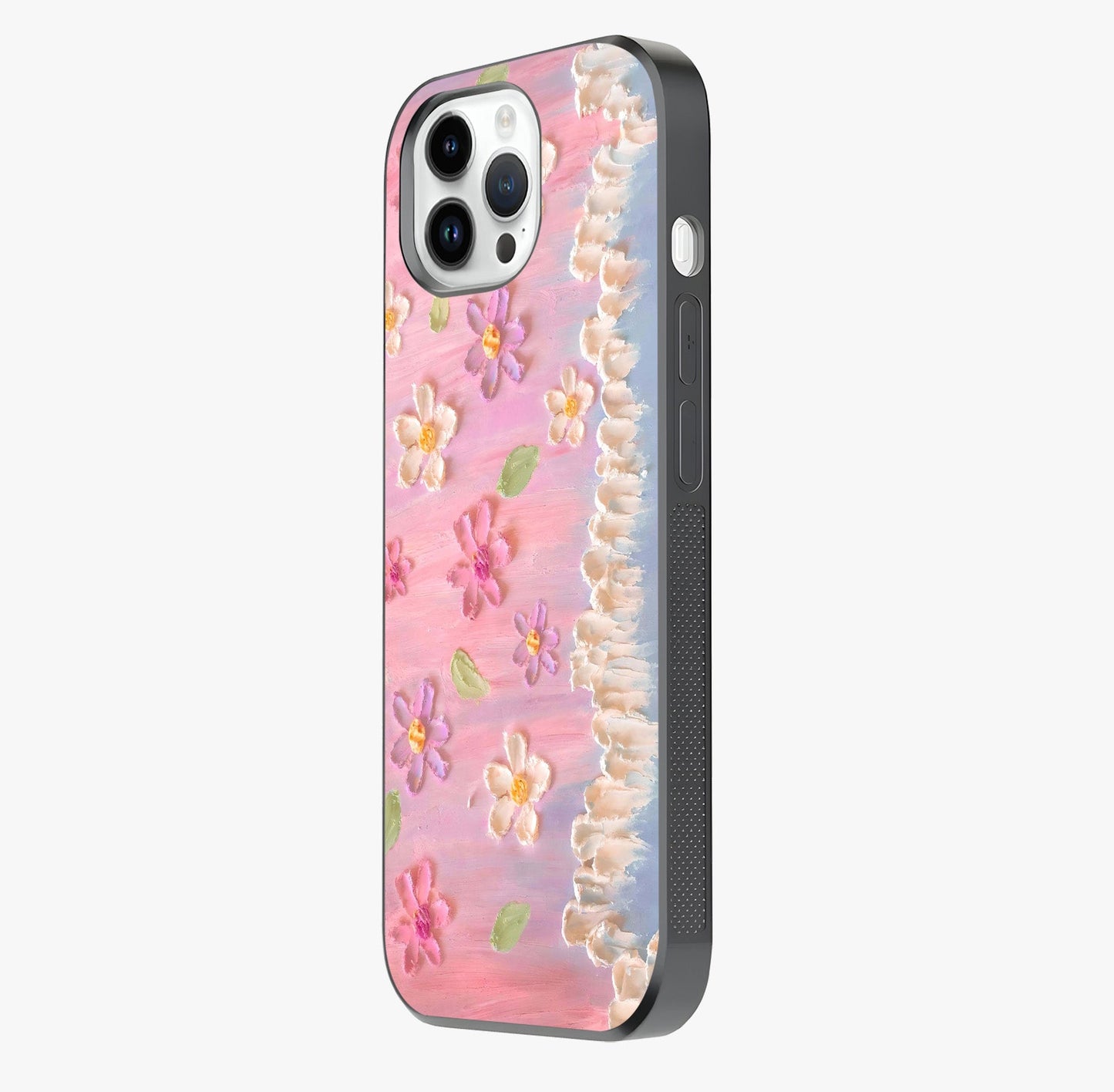 Dreamy Painted Garden Glass Case photographed in natural light showing reflective finish and design depth.
