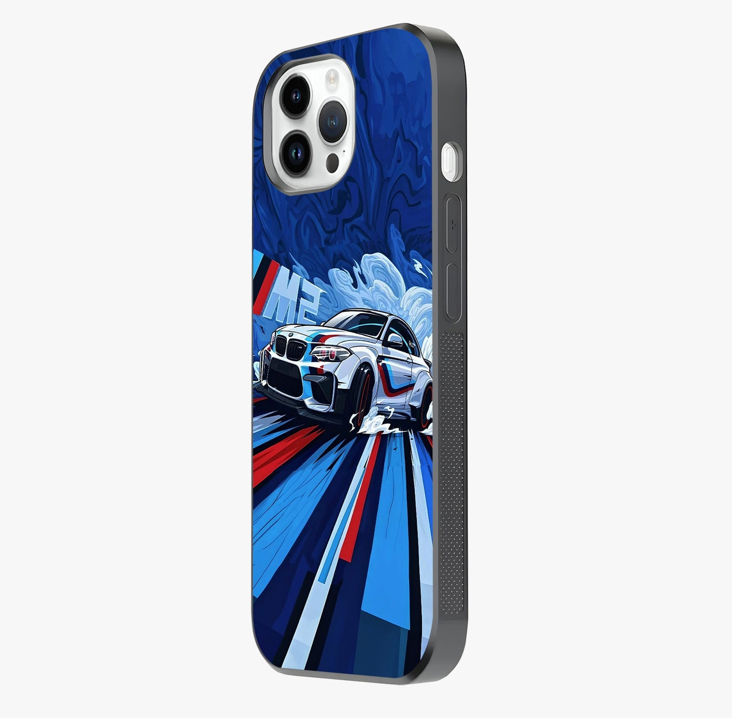 Drift Power Rush Glass Case photographed in natural light showing reflective finish and design depth.