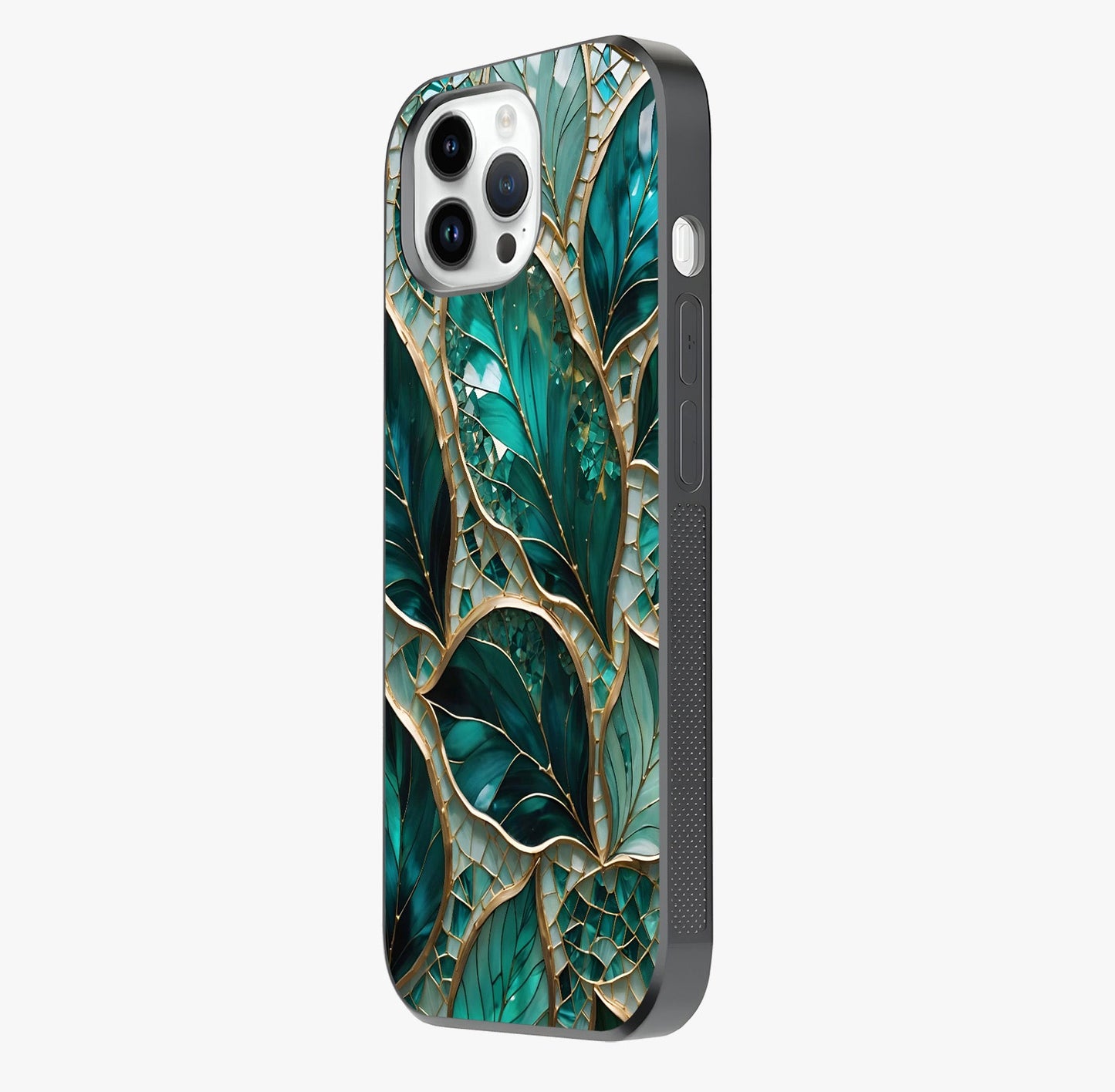 Emerald Leaf Glass Glass Case photographed in natural light showing reflective finish and design depth.