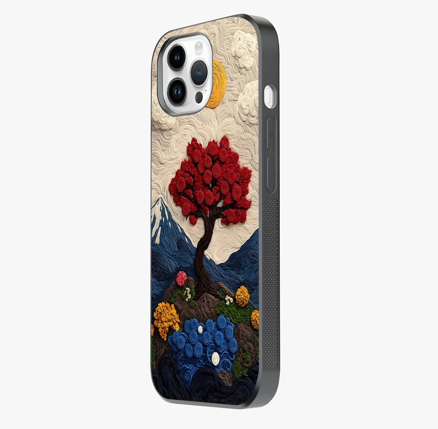 Eternal Nature Tapestry Glass Case photographed in natural light showing reflective finish and design depth.