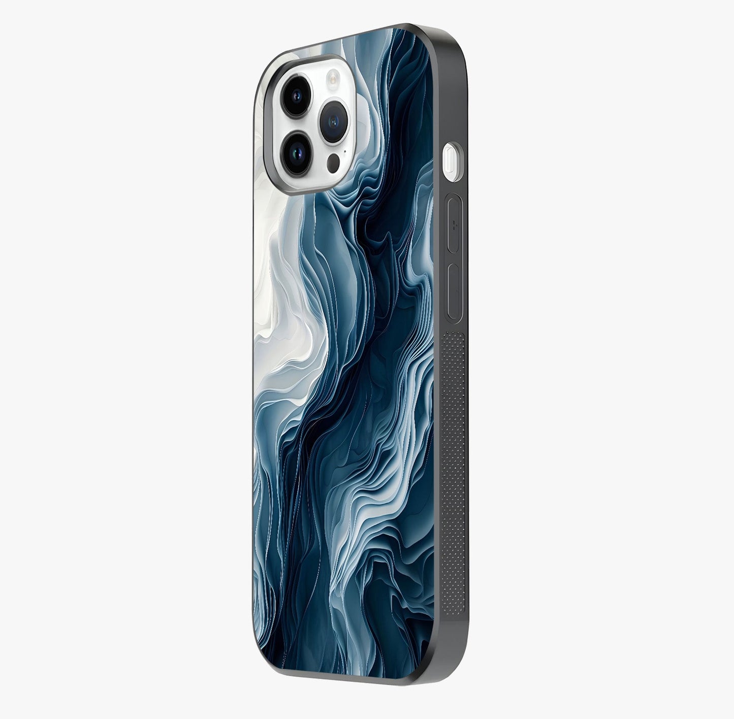 Ethereal Paper Marble Glass Case photographed in natural light showing reflective finish and design depth.