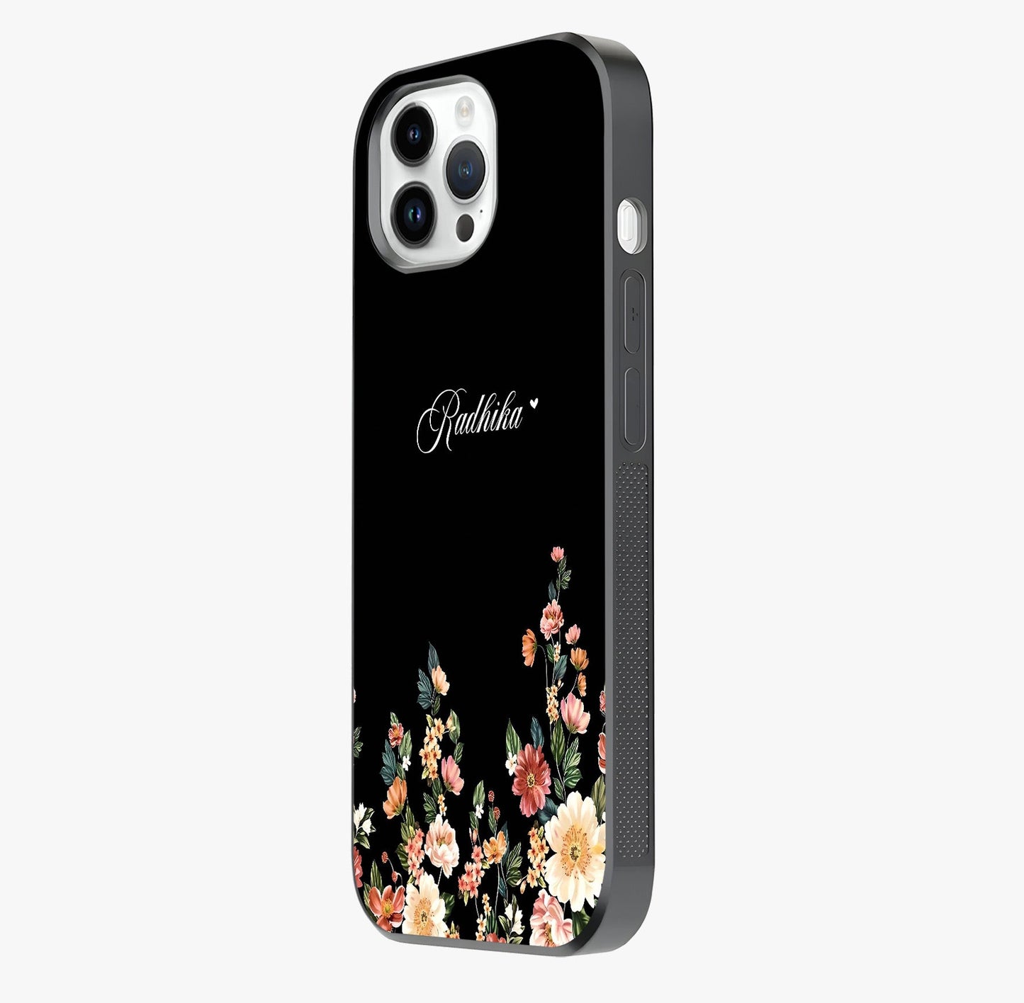 Floral Design With A Custom Personalized Name Glass Case photographed in natural light showing reflective finish and design depth.