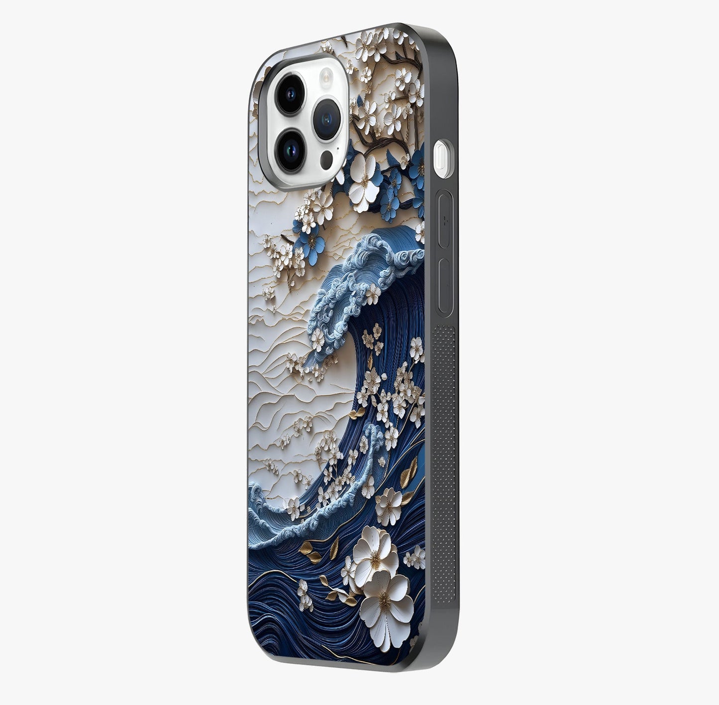 Floral Wave Origami Glass Case photographed in natural light showing reflective finish and design depth.