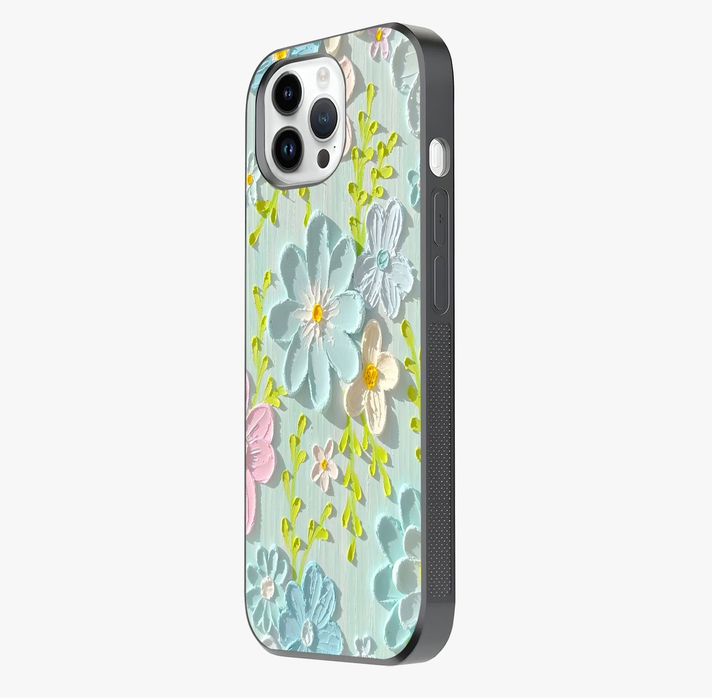 Frosted Petal Garden Glass Case photographed in natural light showing reflective finish and design depth.