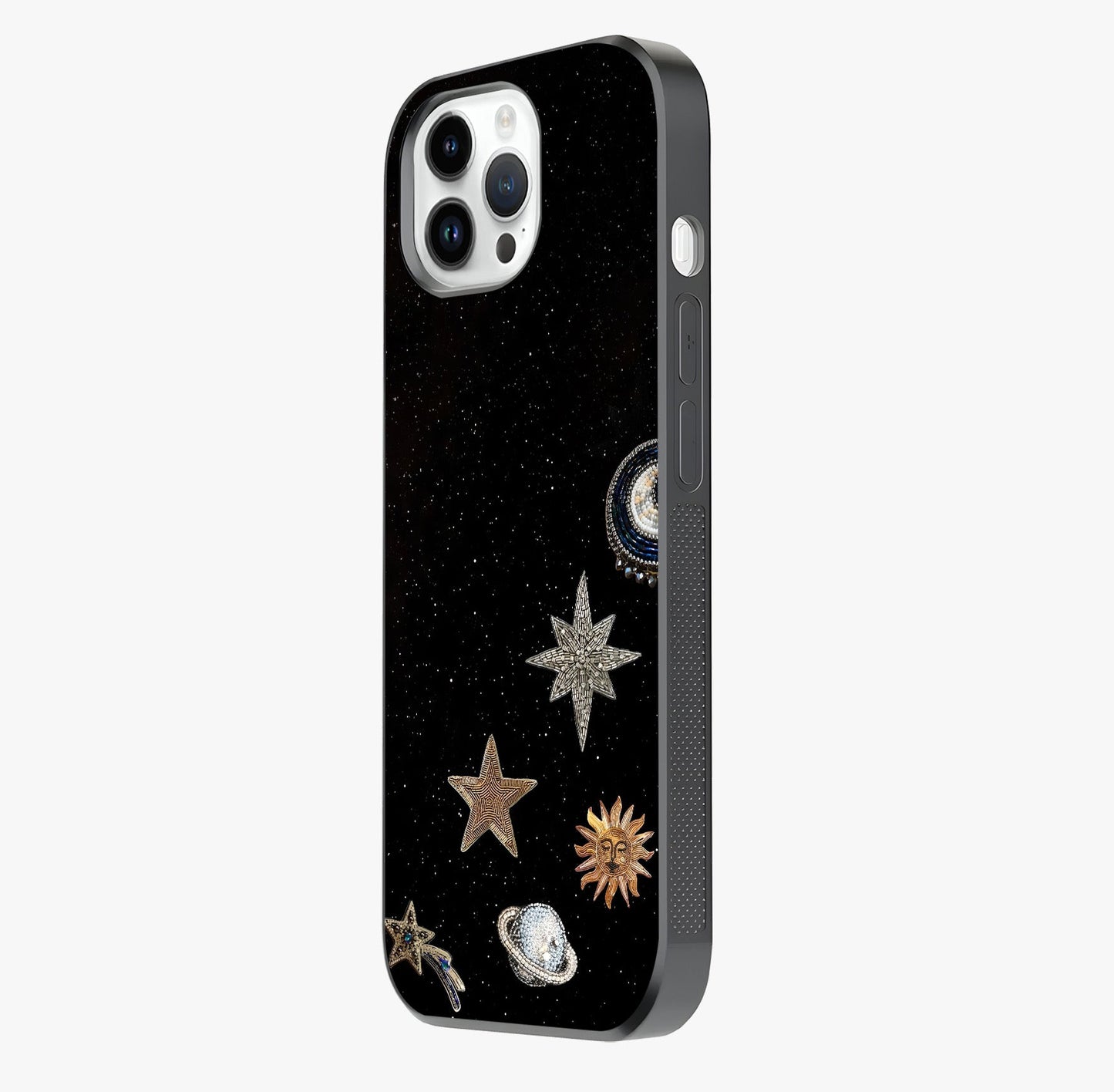 Galactic Charm Glow Glass Case photographed in natural light showing reflective finish and design depth.