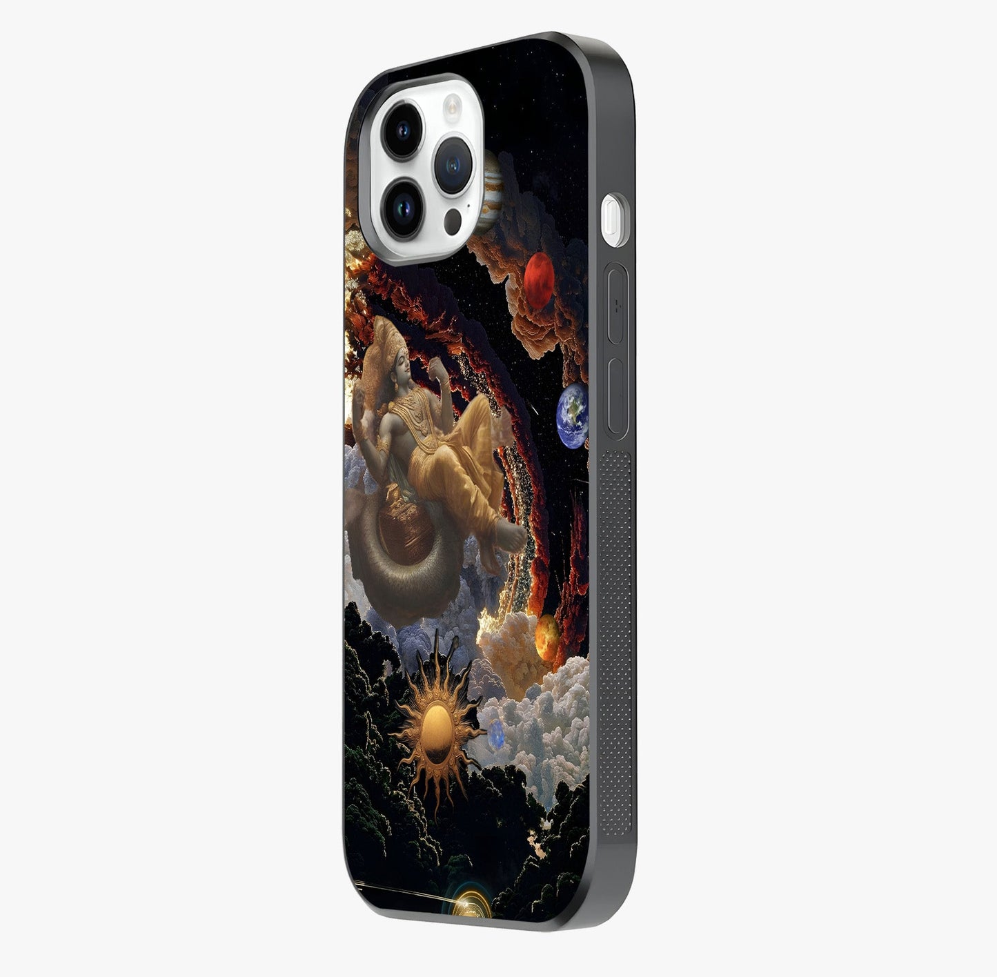 Galactic Divine God Glass Case photographed in natural light showing reflective finish and design depth.