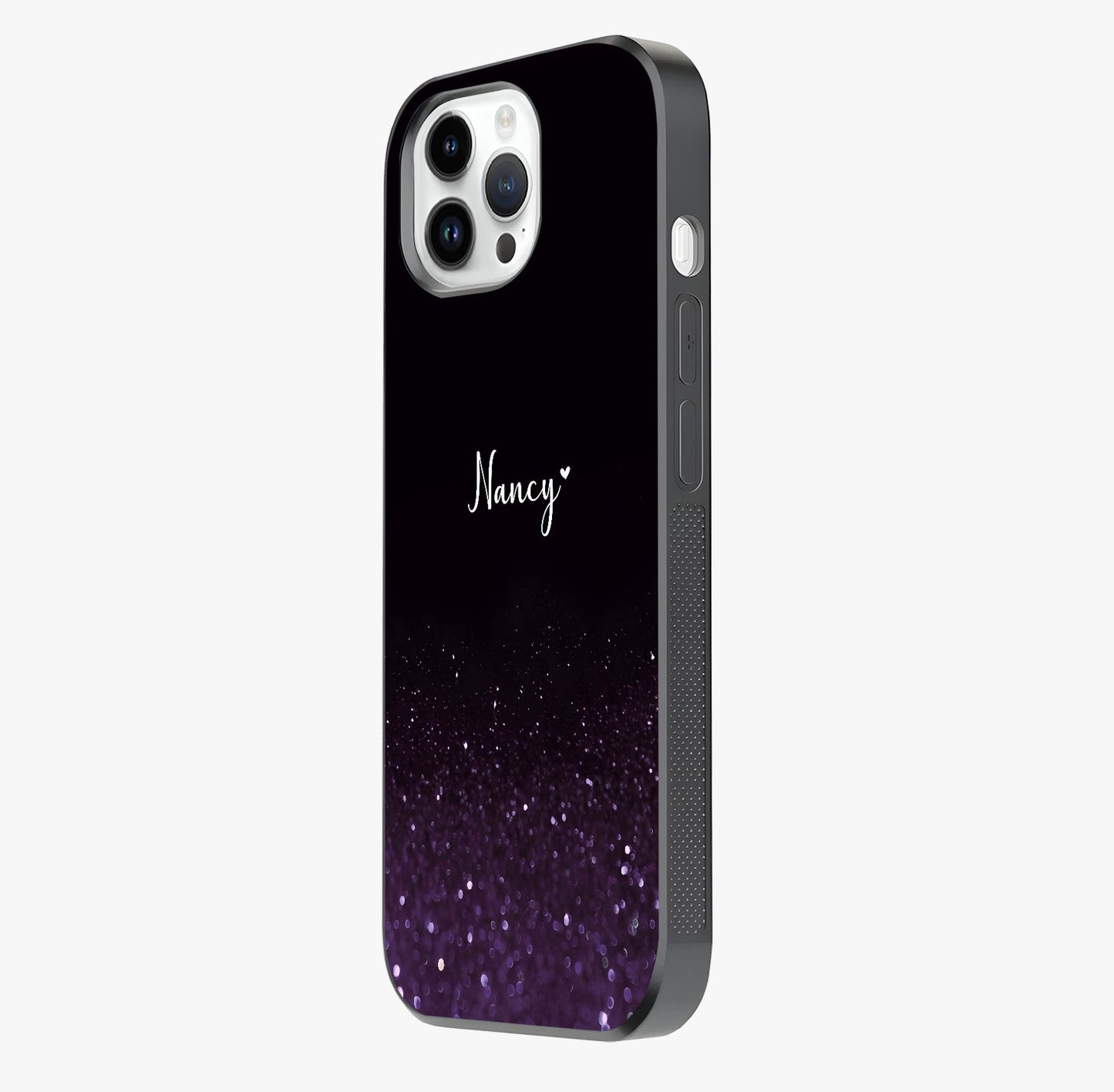 Glittery Purple Bokeh Custom Name Glass Case photographed in natural light showing reflective finish and design depth.