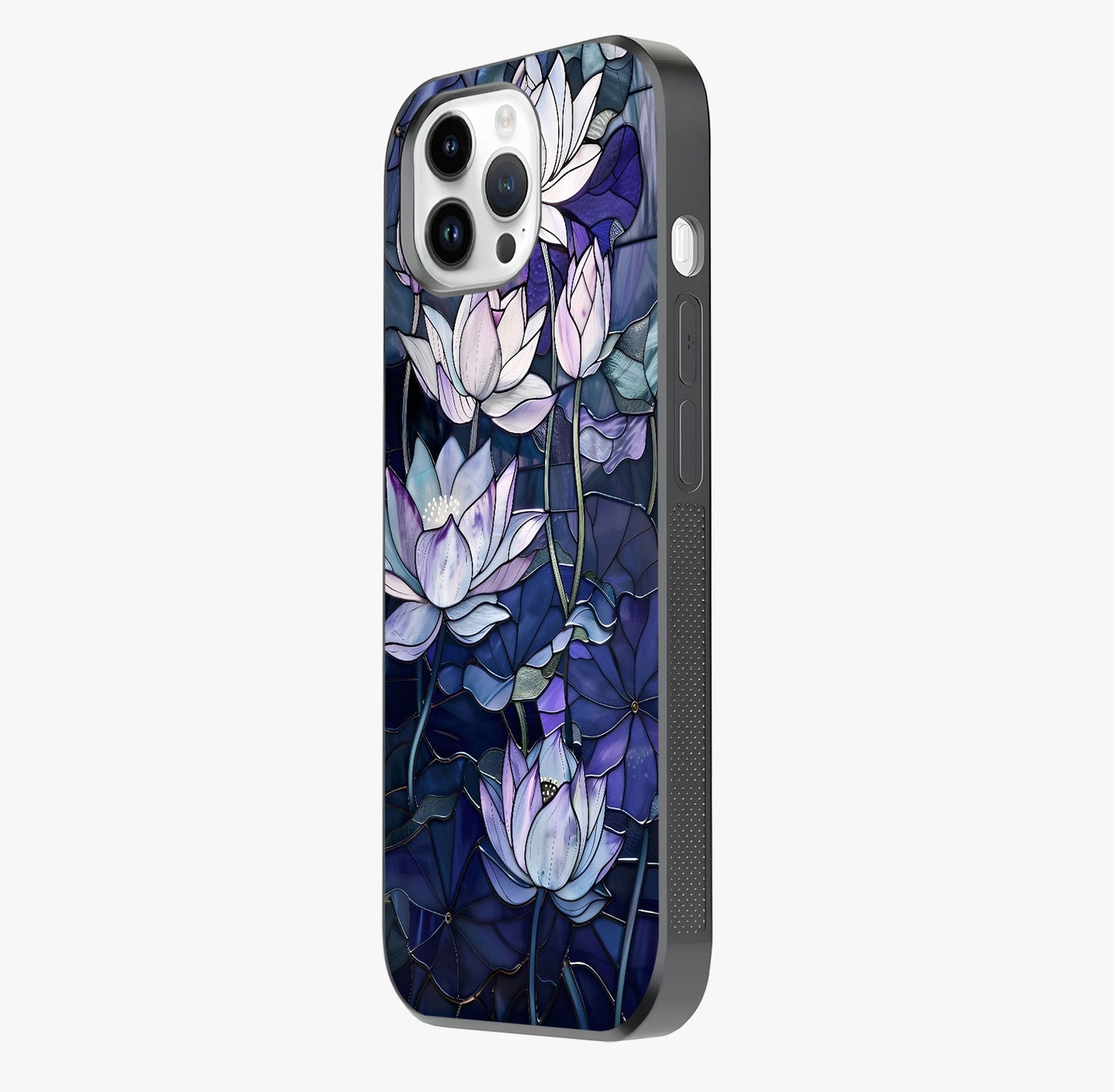 Gloss Petal Rush Glass Case photographed in natural light showing reflective finish and design depth.