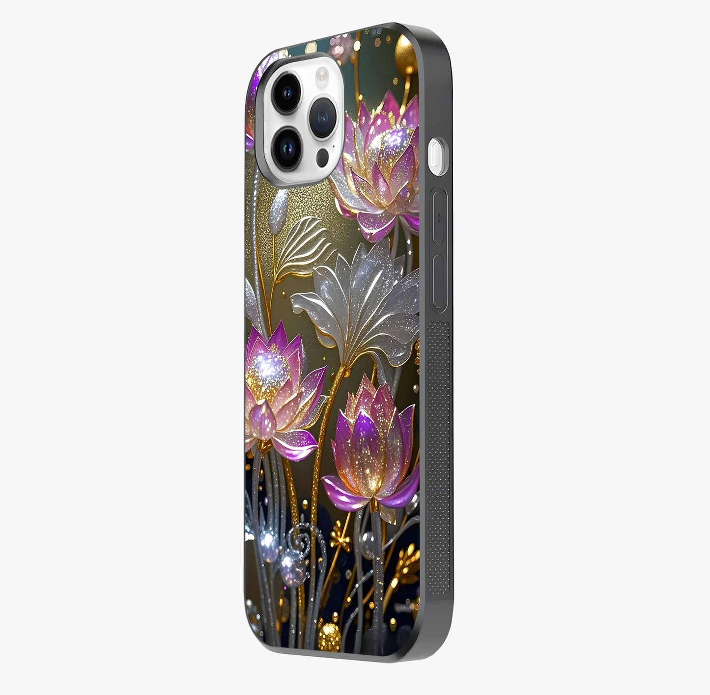 Golden Lotus Glow Glass Case photographed in natural light showing reflective finish and design depth.