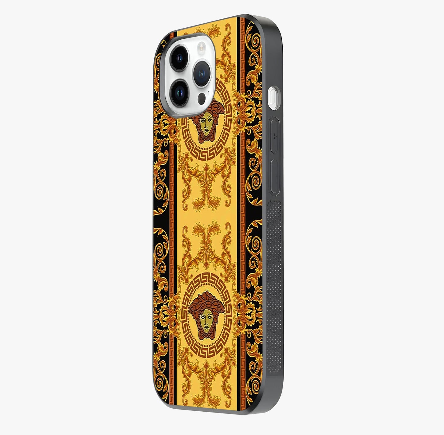 Golden Royal Heritage Glass Case photographed in natural light showing reflective finish and design depth.