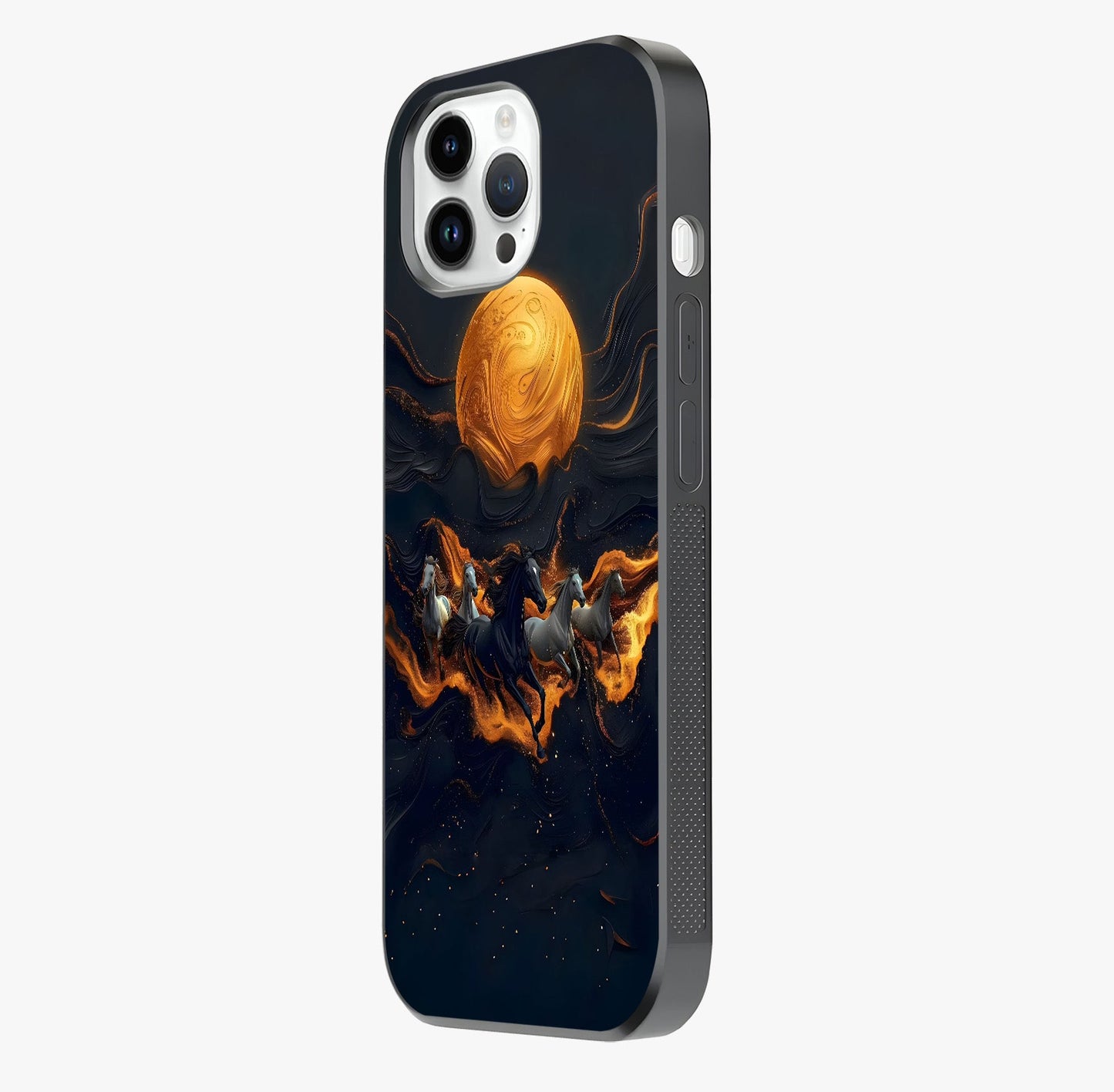 Golden Stallion Moonride Glass Case photographed in natural light showing reflective finish and design depth.