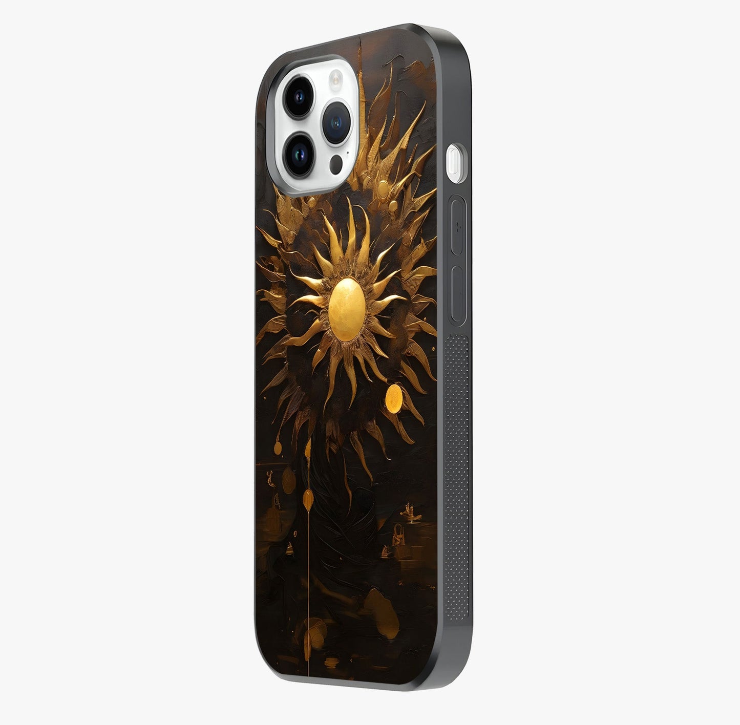 Golden Sun Majesty Glass Case photographed in natural light showing reflective finish and design depth.