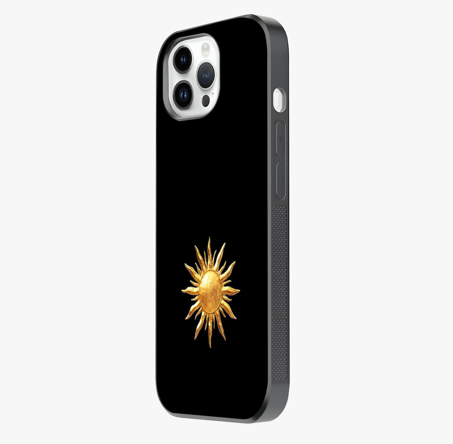 Golden Sun Minimalism Glass Case photographed in natural light showing reflective finish and design depth.