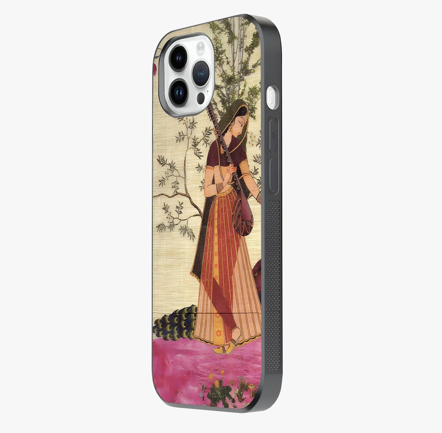 Lady With Veena Art Glass Case photographed in natural light showing reflective finish and design depth.