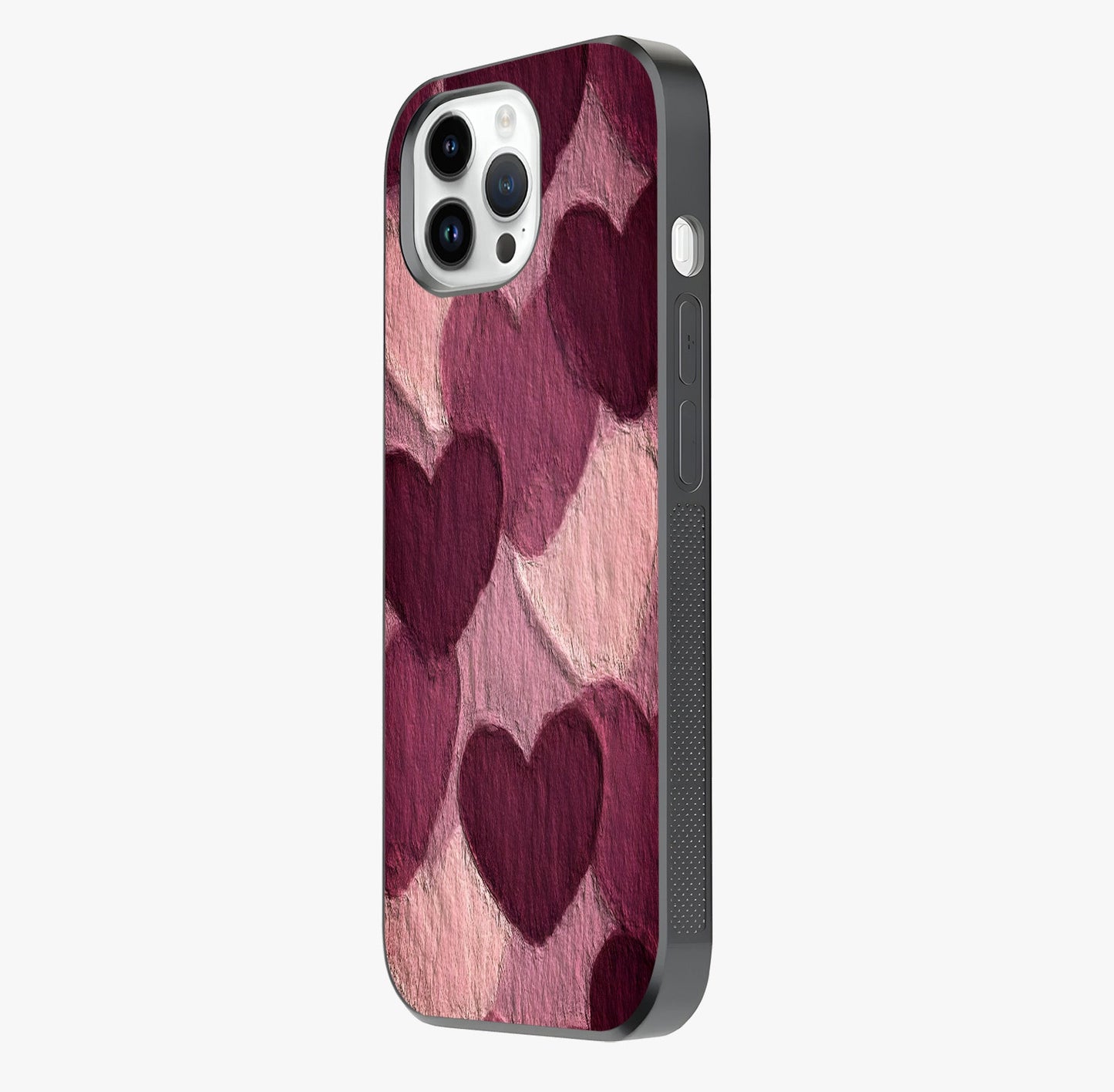Layered Paper Hearts Glass Case photographed in natural light showing reflective finish and design depth.