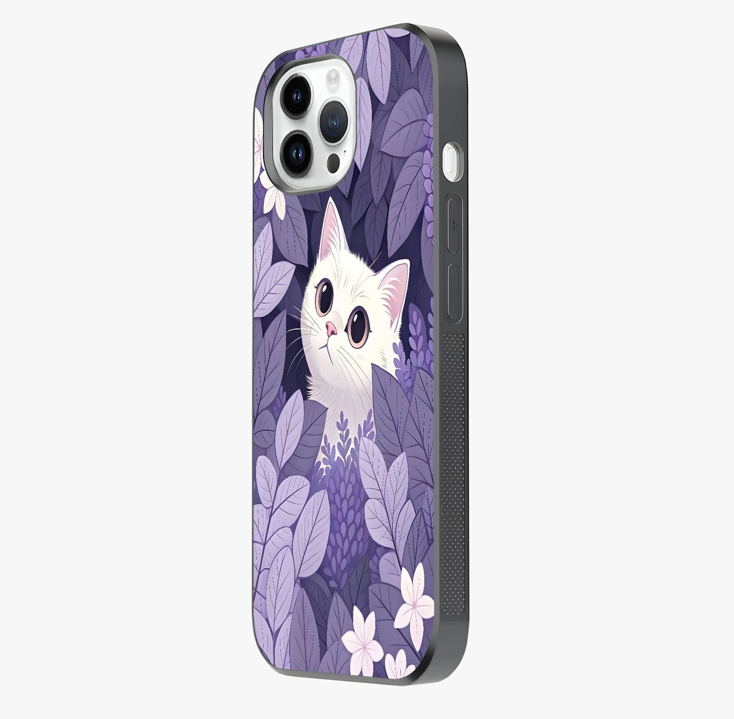 Lilac Hide Peek Cat Glass Case photographed in natural light showing reflective finish and design depth.