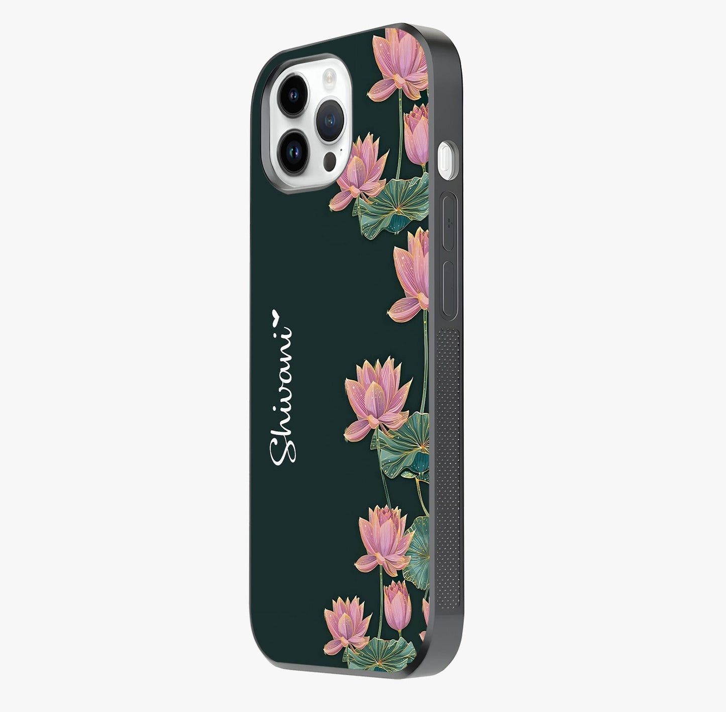 Lotus Bloom Serenity Custom Name Glass Case photographed in natural light showing reflective finish and design depth.