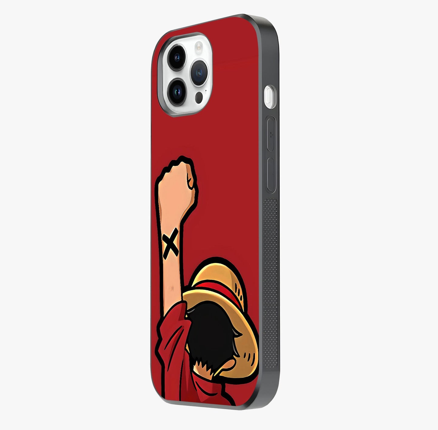 Luffy X Spirit Glass Case photographed in natural light showing reflective finish and design depth.