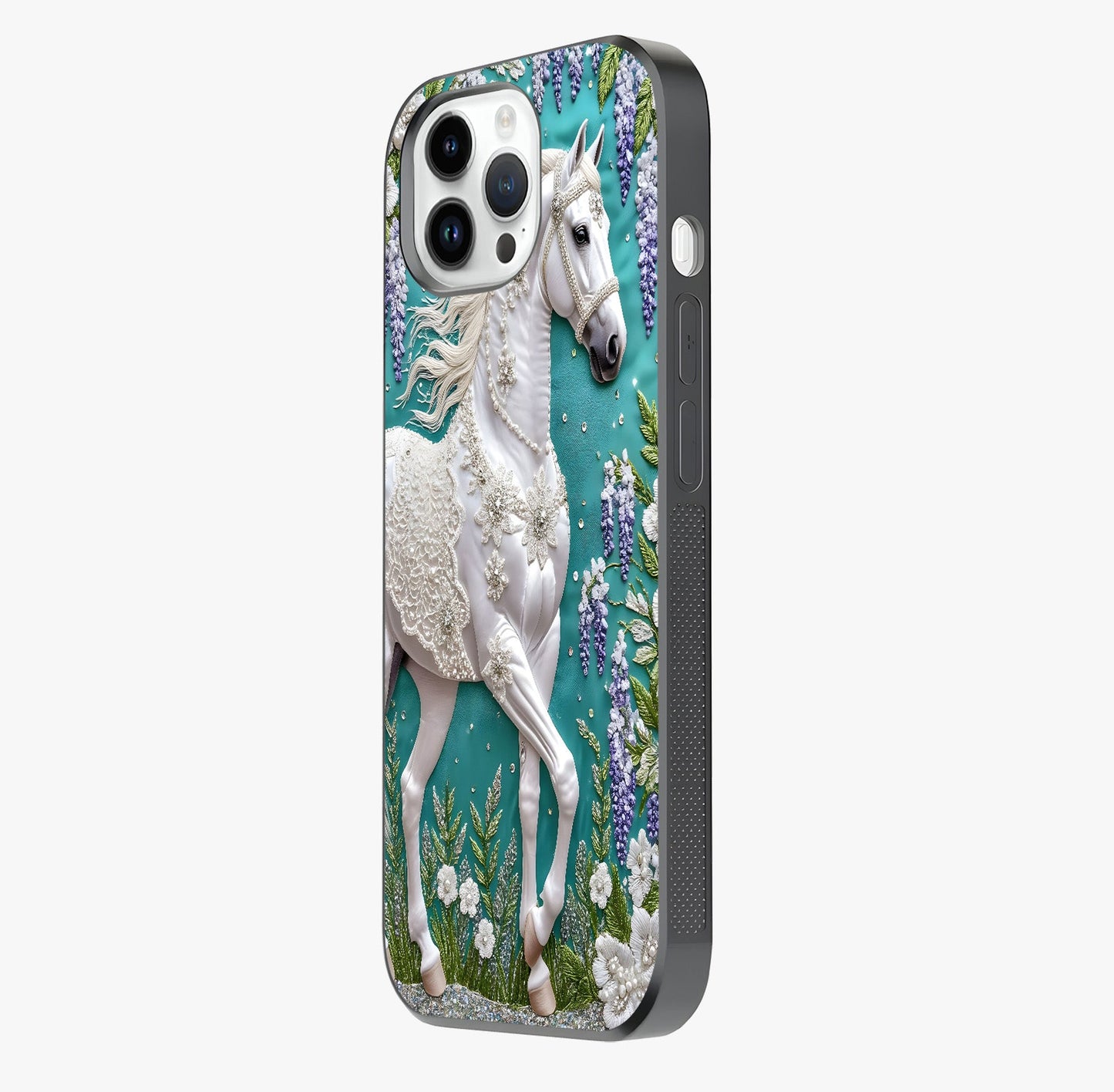 Majestic Floral Stallion Glass Case photographed in natural light showing reflective finish and design depth.