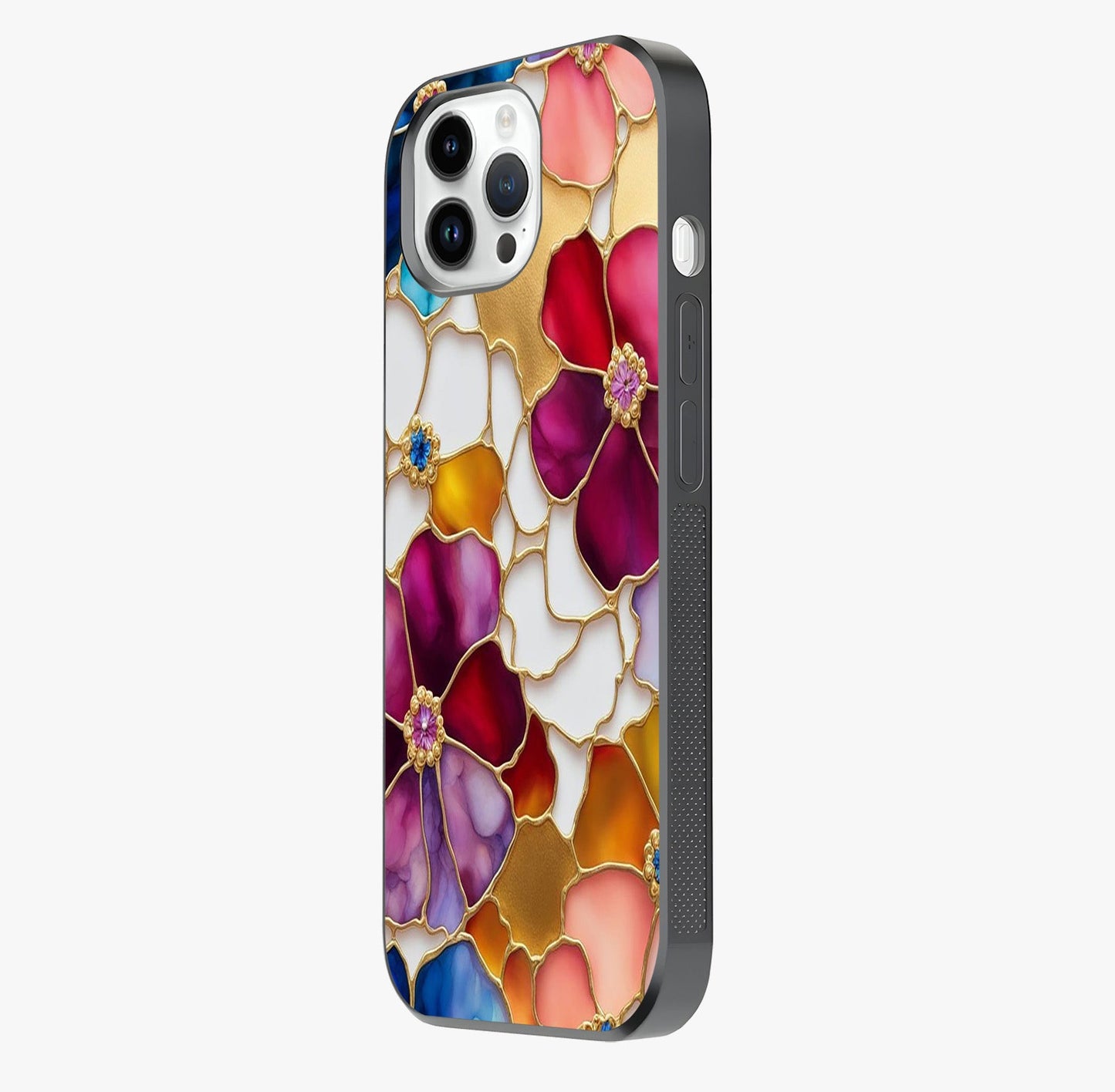 Marble Flower Pattern Glass Case photographed in natural light showing reflective finish and design depth.