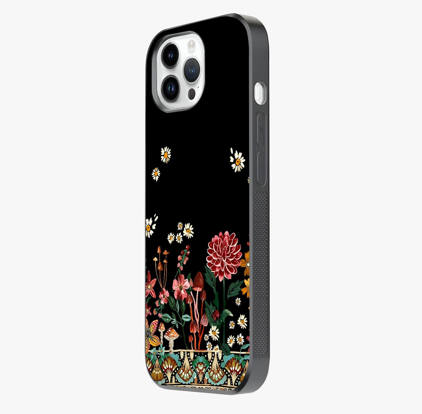 Midnight Bloom Pattern Glass Case photographed in natural light showing reflective finish and design depth.