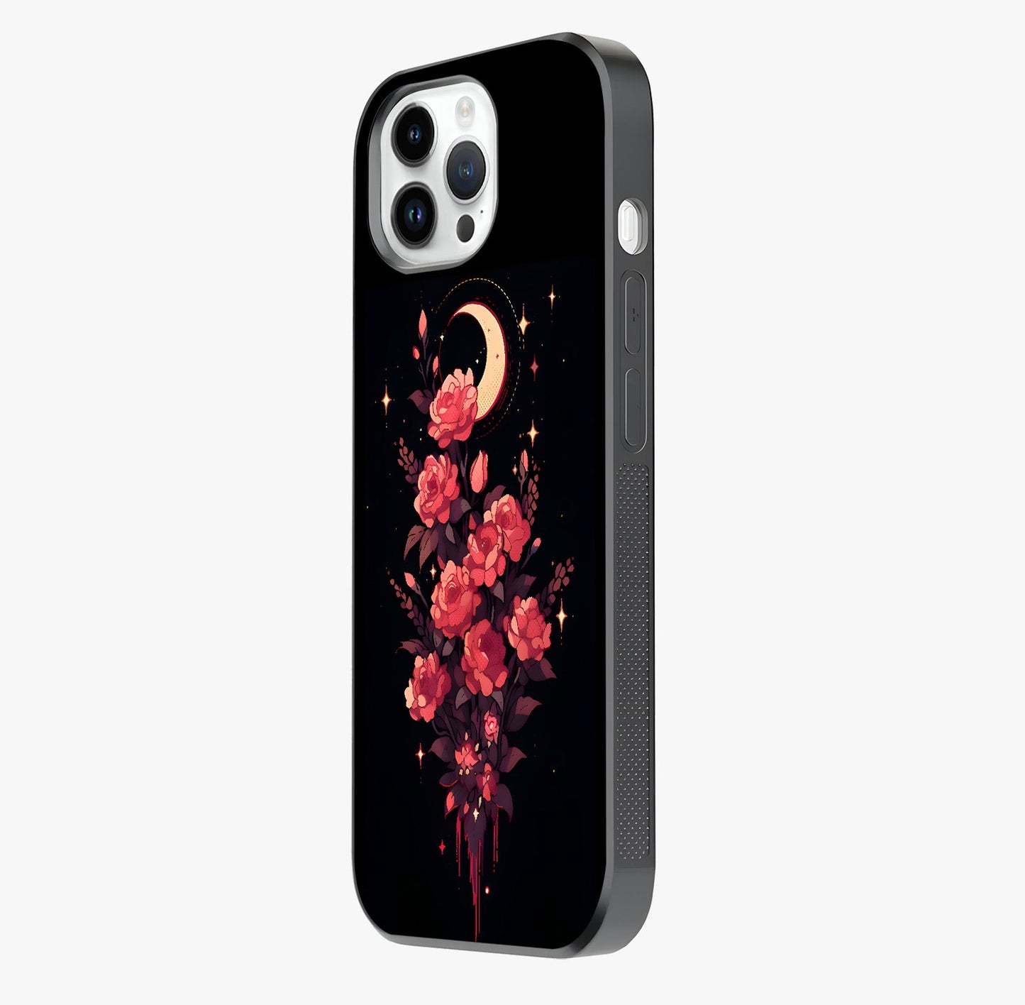 Moonlit Floral Elegance Glass Case photographed in natural light showing reflective finish and design depth.