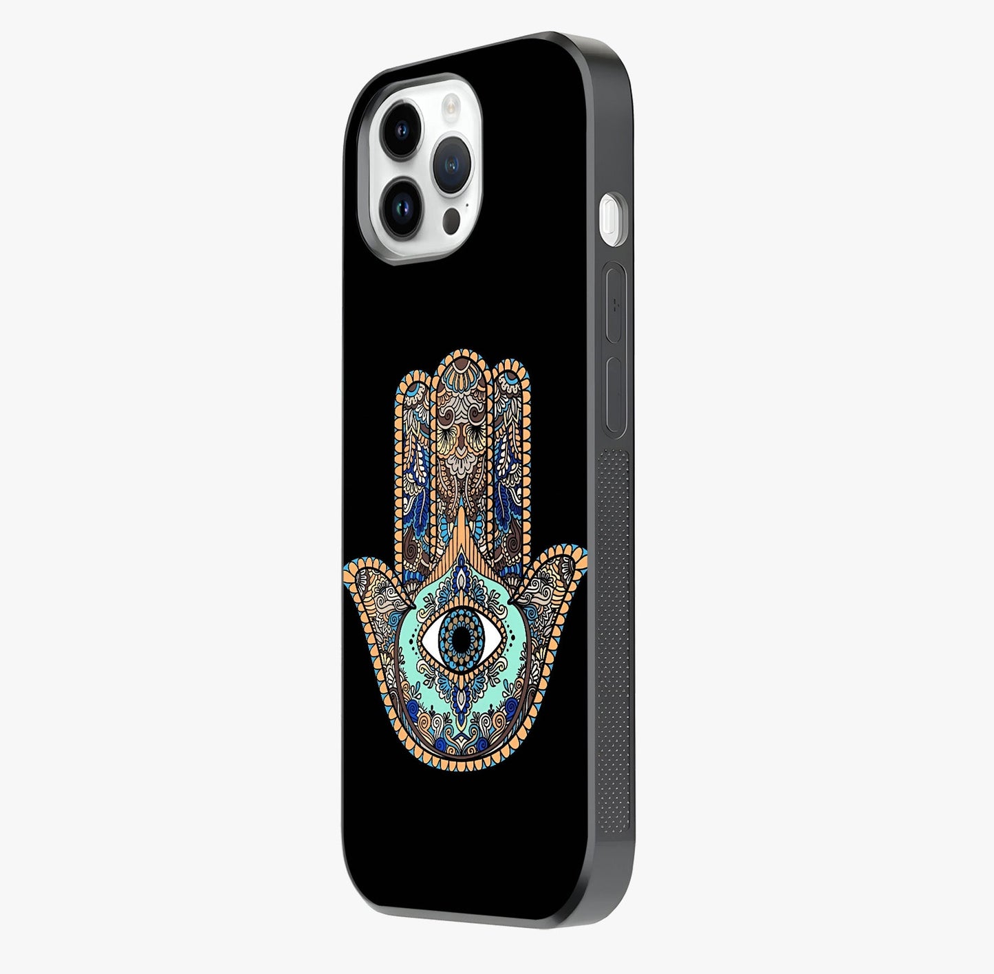 Mystic Hamsa Eye Glass Case photographed in natural light showing reflective finish and design depth.