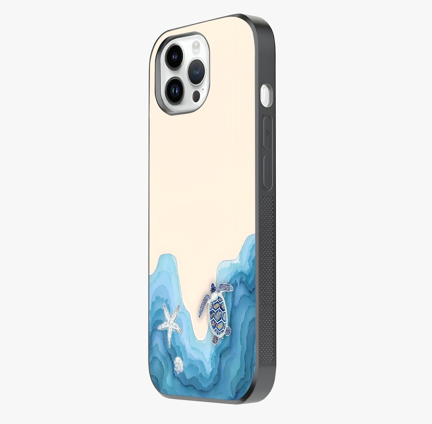 Ocean Drift Turtle Glass Case photographed in natural light showing reflective finish and design depth.