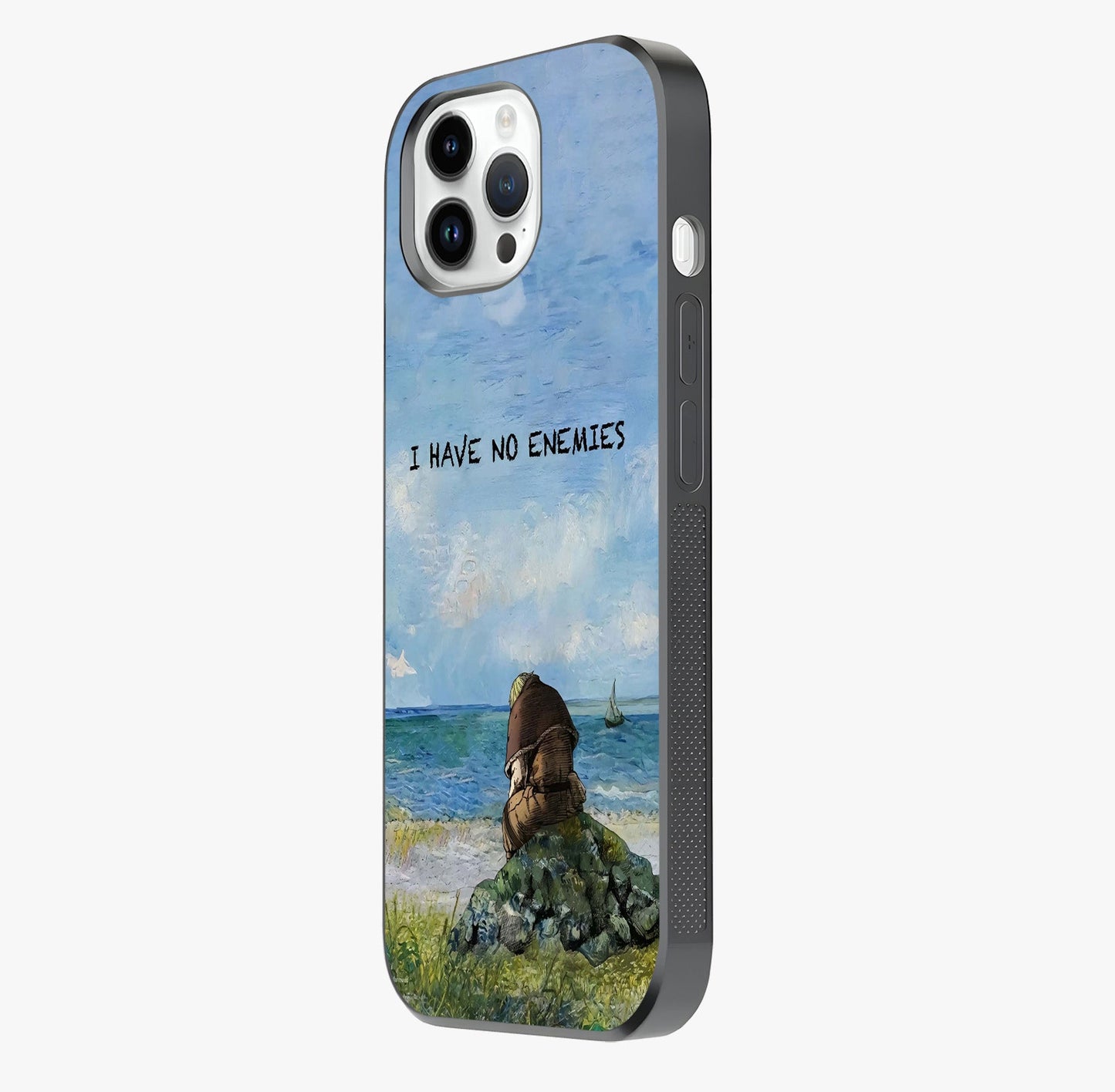 Peace Beyond War Glass Case photographed in natural light showing reflective finish and design depth.