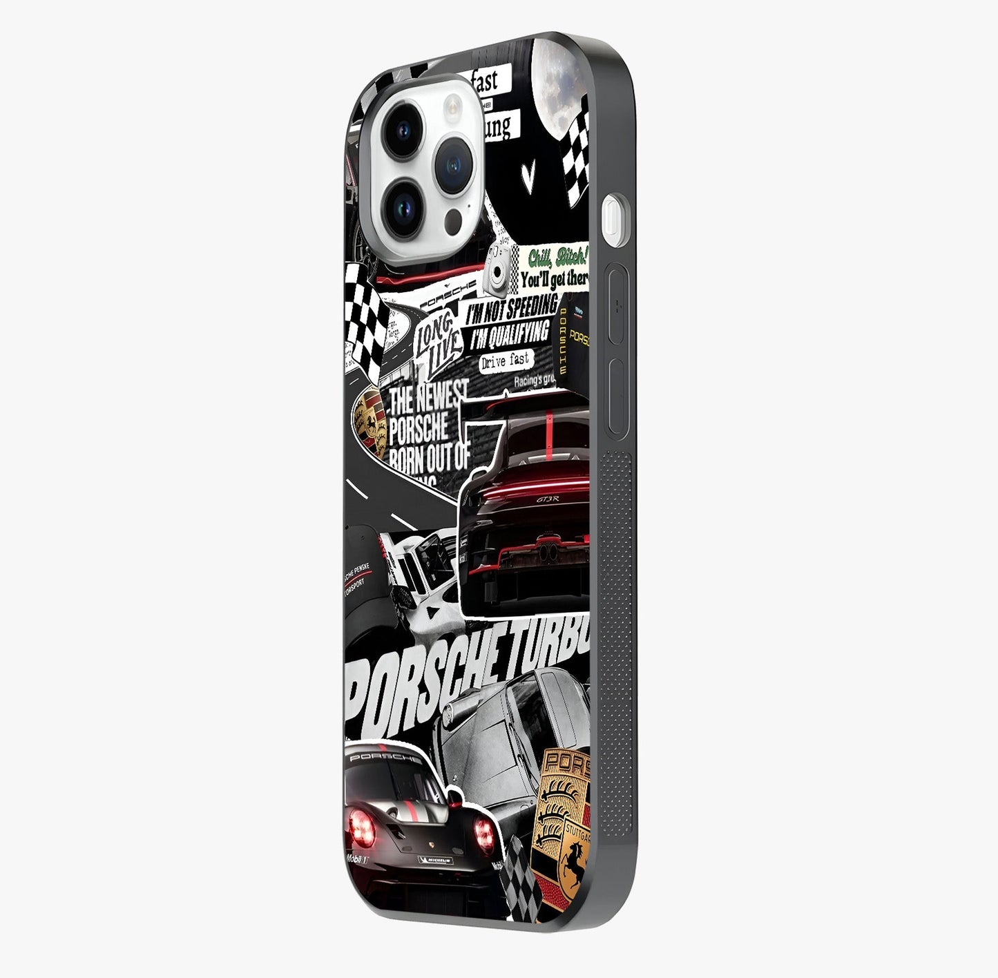 Porsche Racing Collage Glass Case photographed in natural light showing reflective finish and design depth.