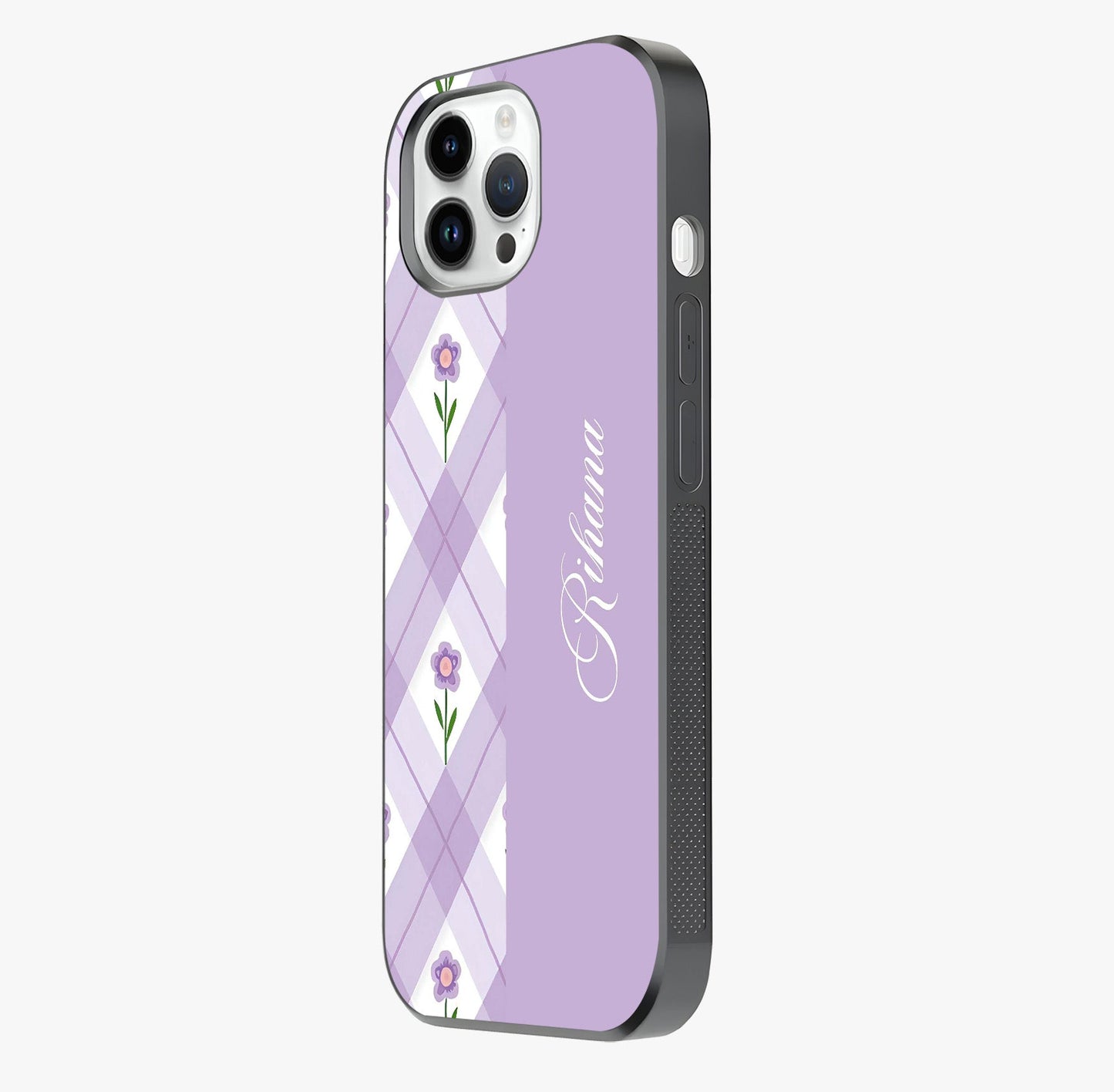 Purple Diamond Floral Glass Case photographed in natural light showing reflective finish and design depth.