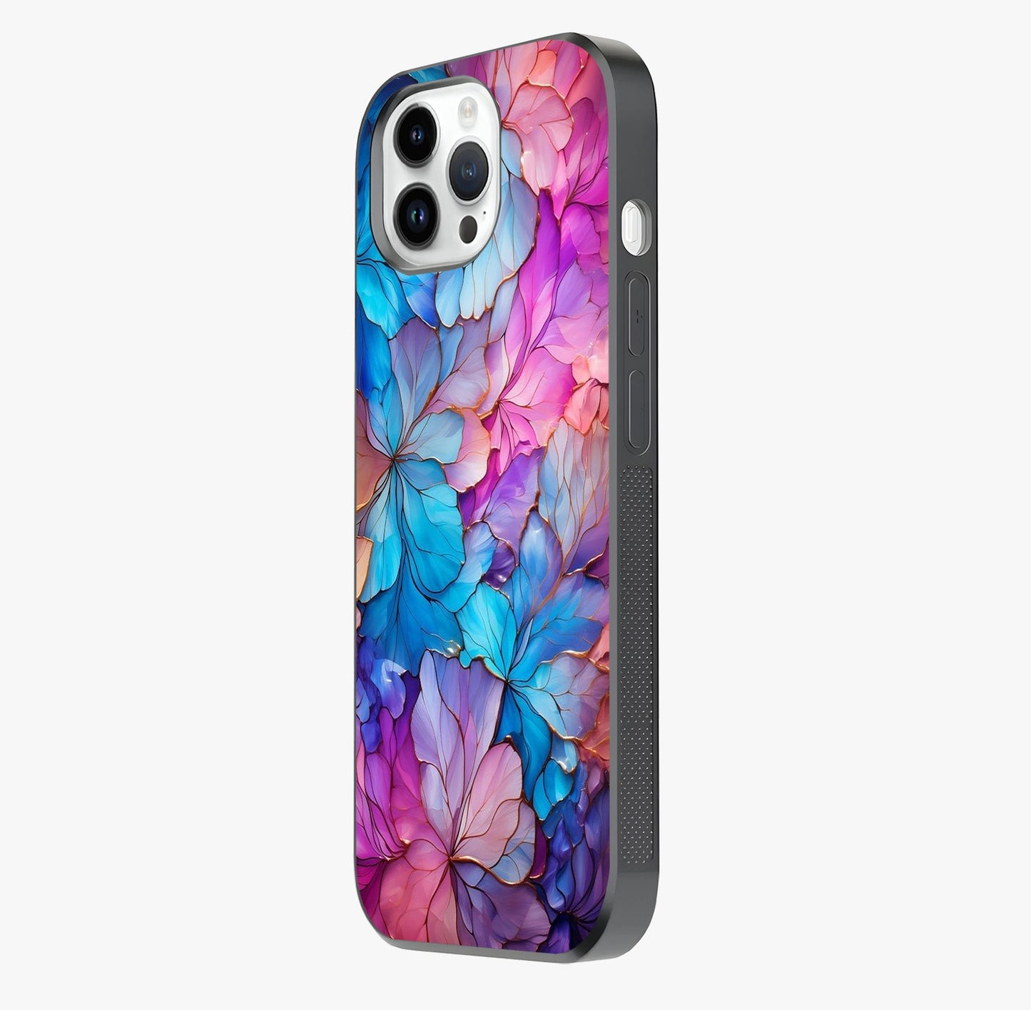 Radiant Floral Whirl Glass Case photographed in natural light showing reflective finish and design depth.