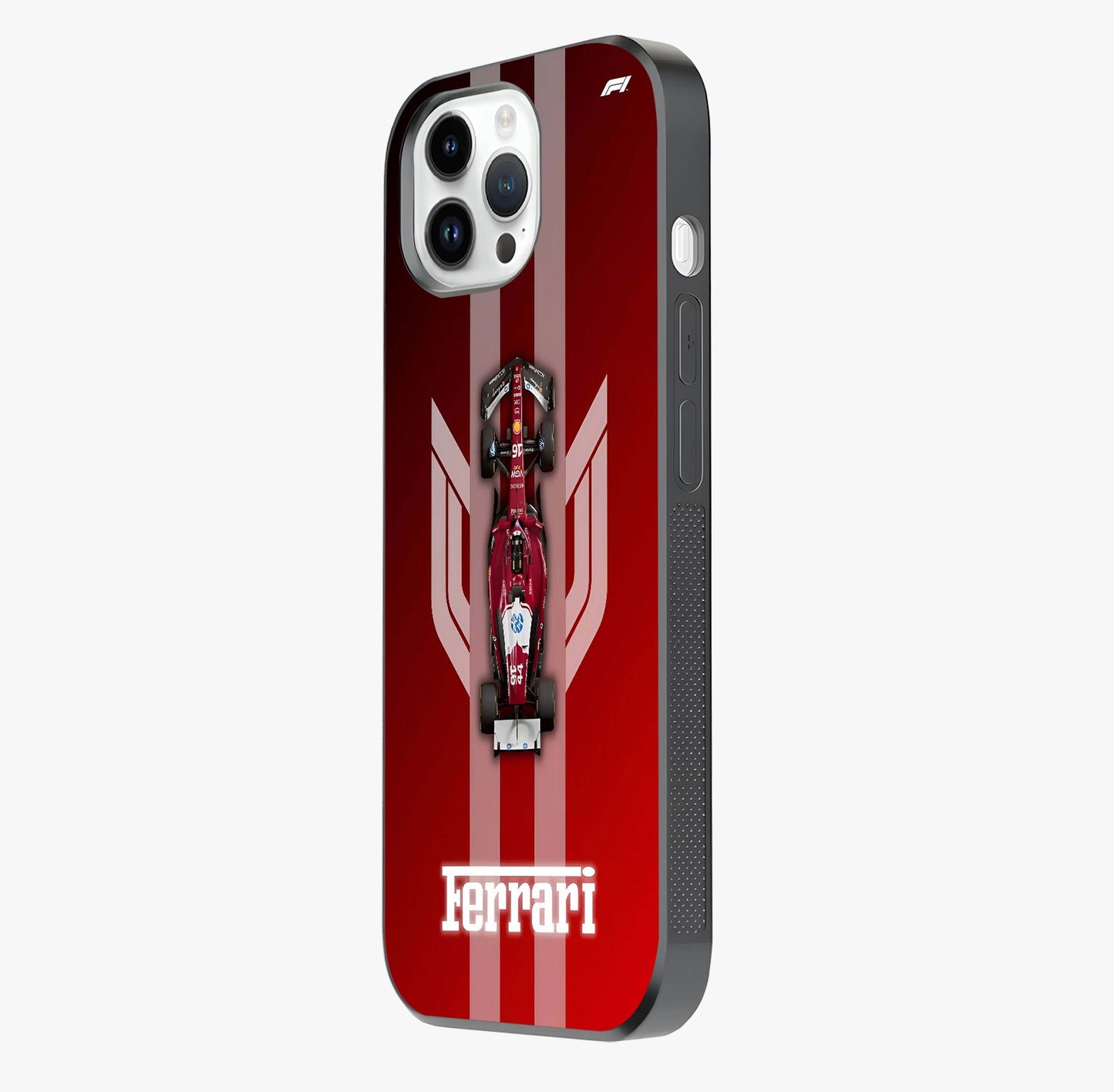 Red Ferrari F1 Vertical Glass Case photographed in natural light showing reflective finish and design depth.