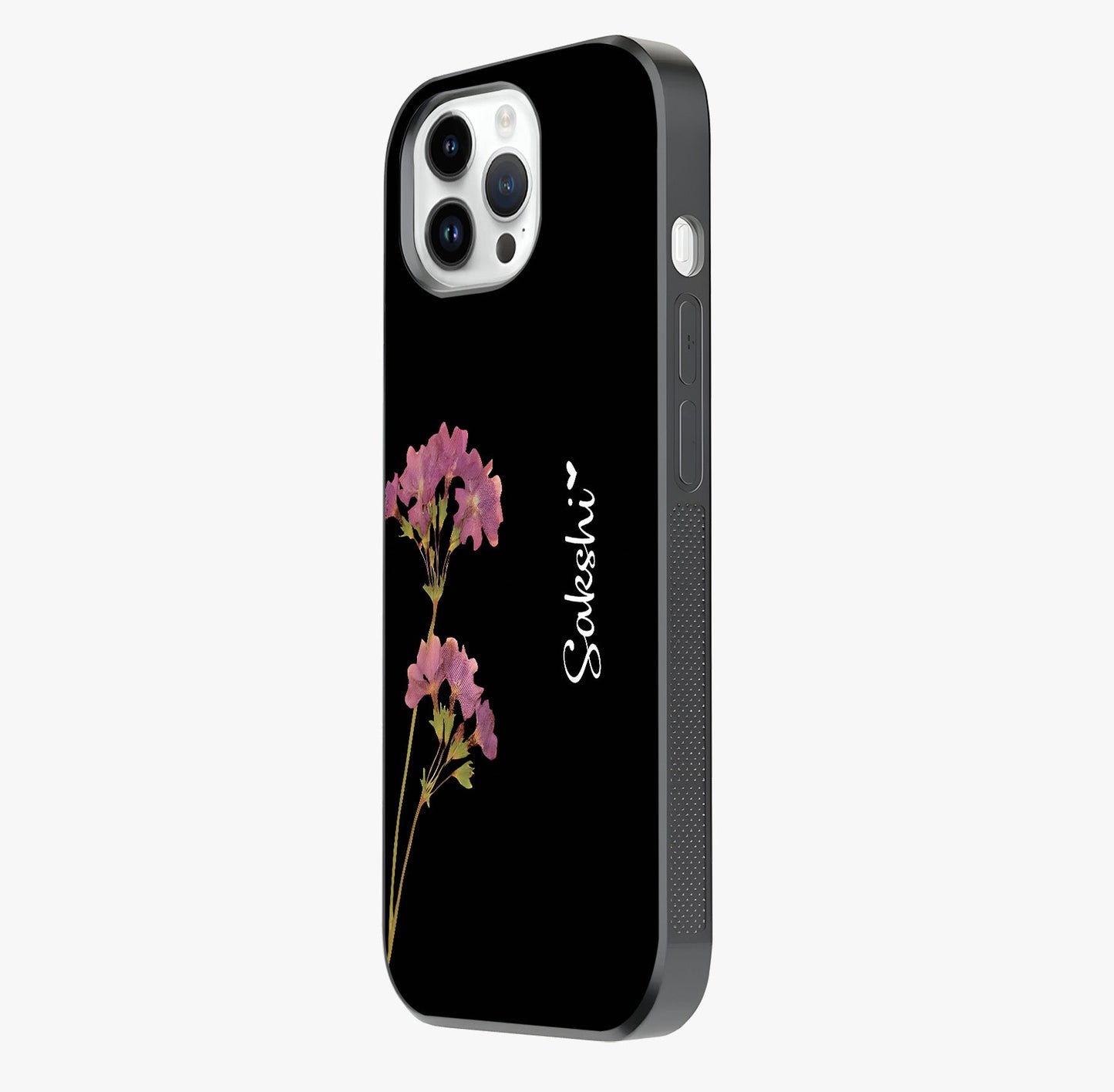 Riching Lavender Flower Custom Name Glass Case photographed in natural light showing reflective finish and design depth.