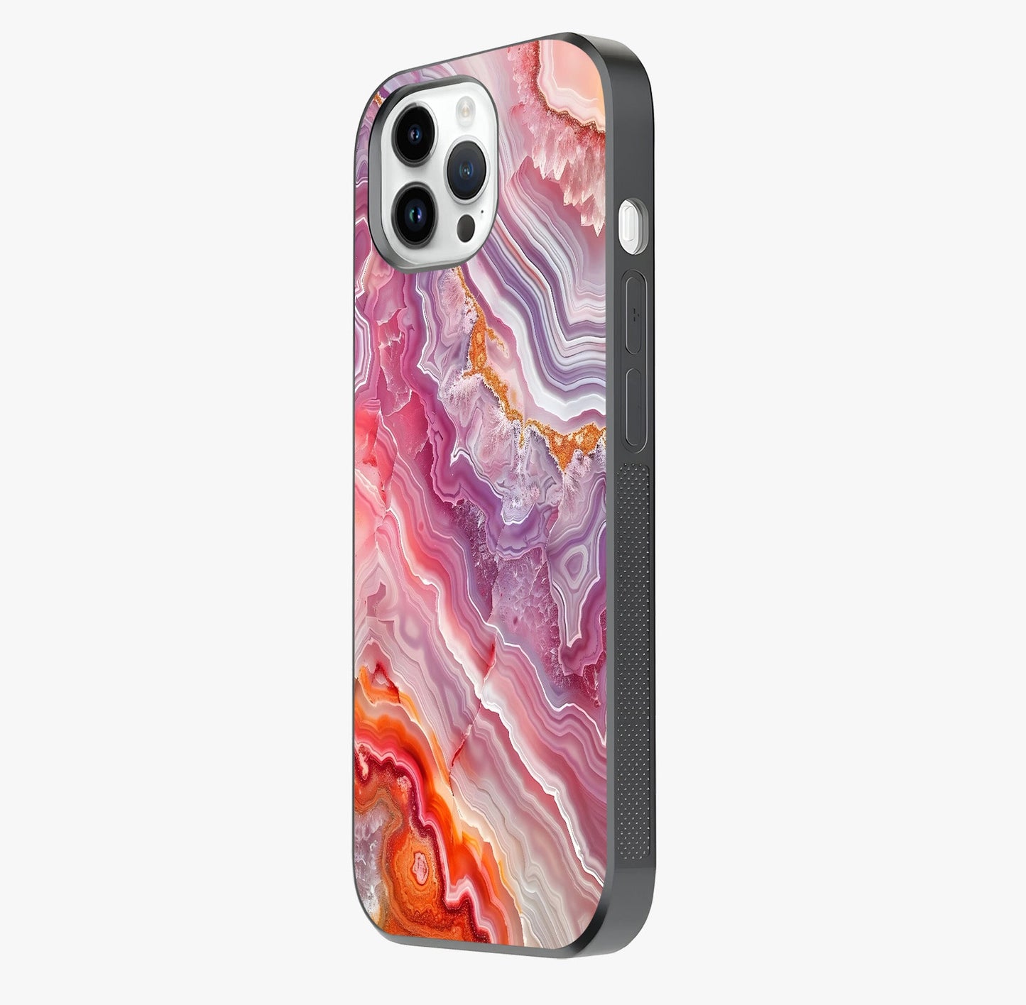 Rose Quartz Marble Glass Case photographed in natural light showing reflective finish and design depth.