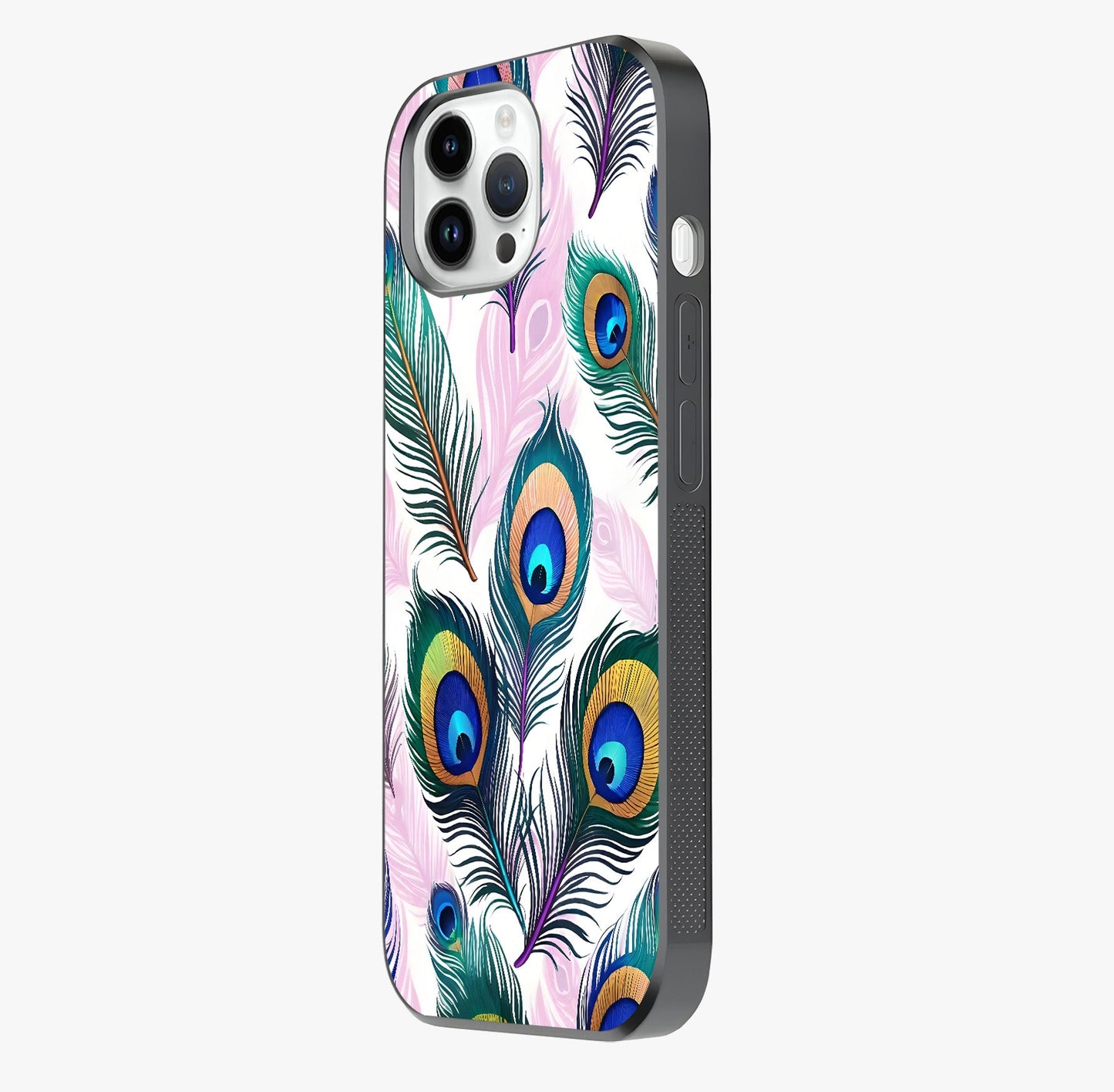 Royal Peacock Feathers Glass Case photographed in natural light showing reflective finish and design depth.