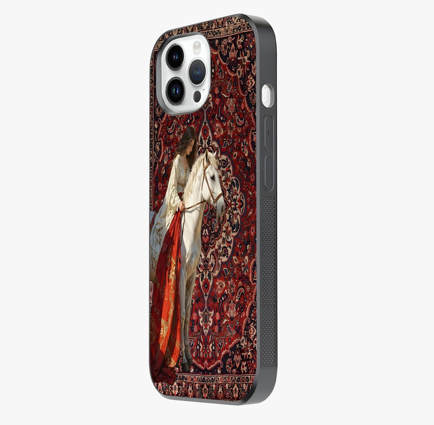 Royal Rider Tapestry Glass Case photographed in natural light showing reflective finish and design depth.