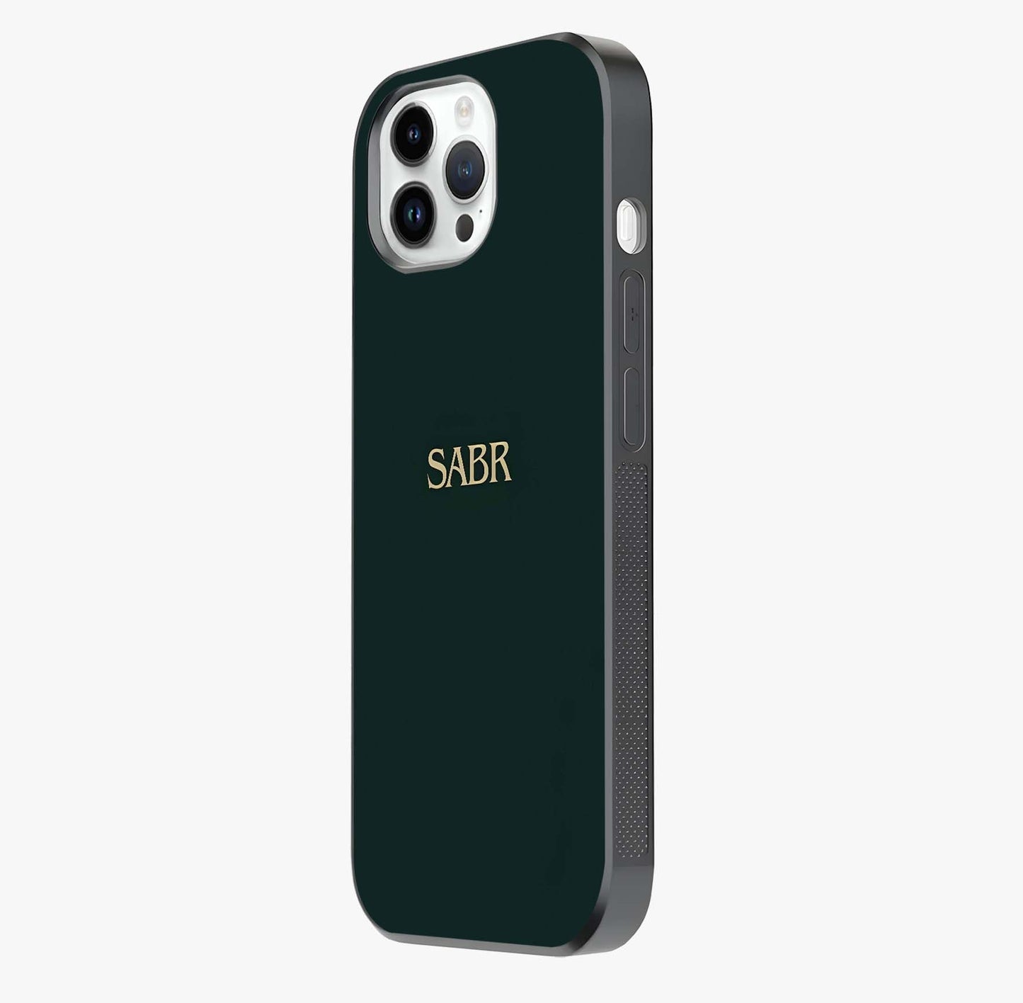 Sabr Minimal Patience Glass Case photographed in natural light showing reflective finish and design depth.