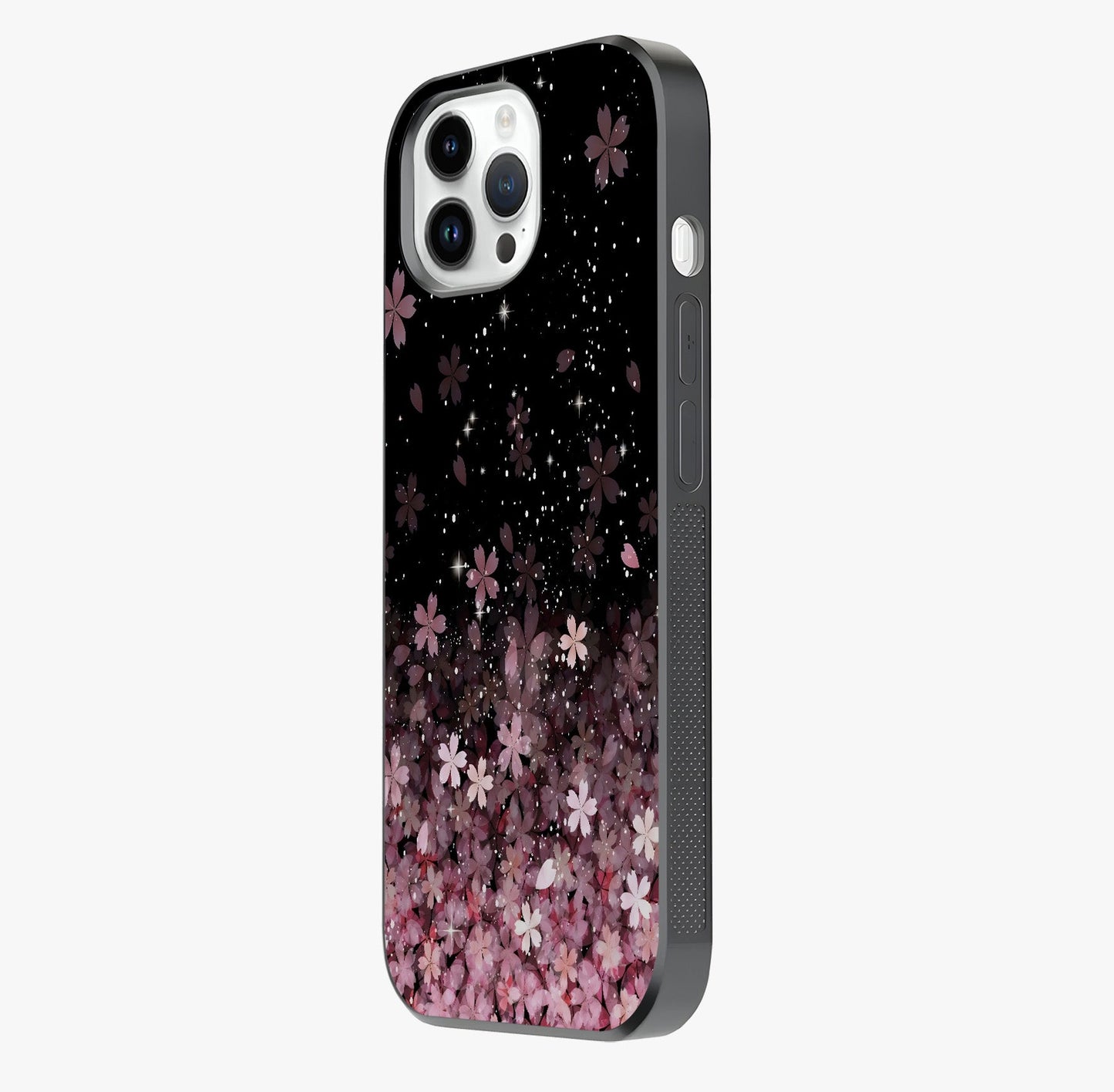 Small Starry Flowers Glass Case photographed in natural light showing reflective finish and design depth.