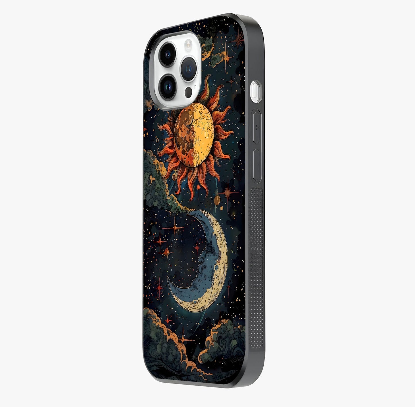 Sun And Moon Magic Design Glass Case photographed in natural light showing reflective finish and design depth.
