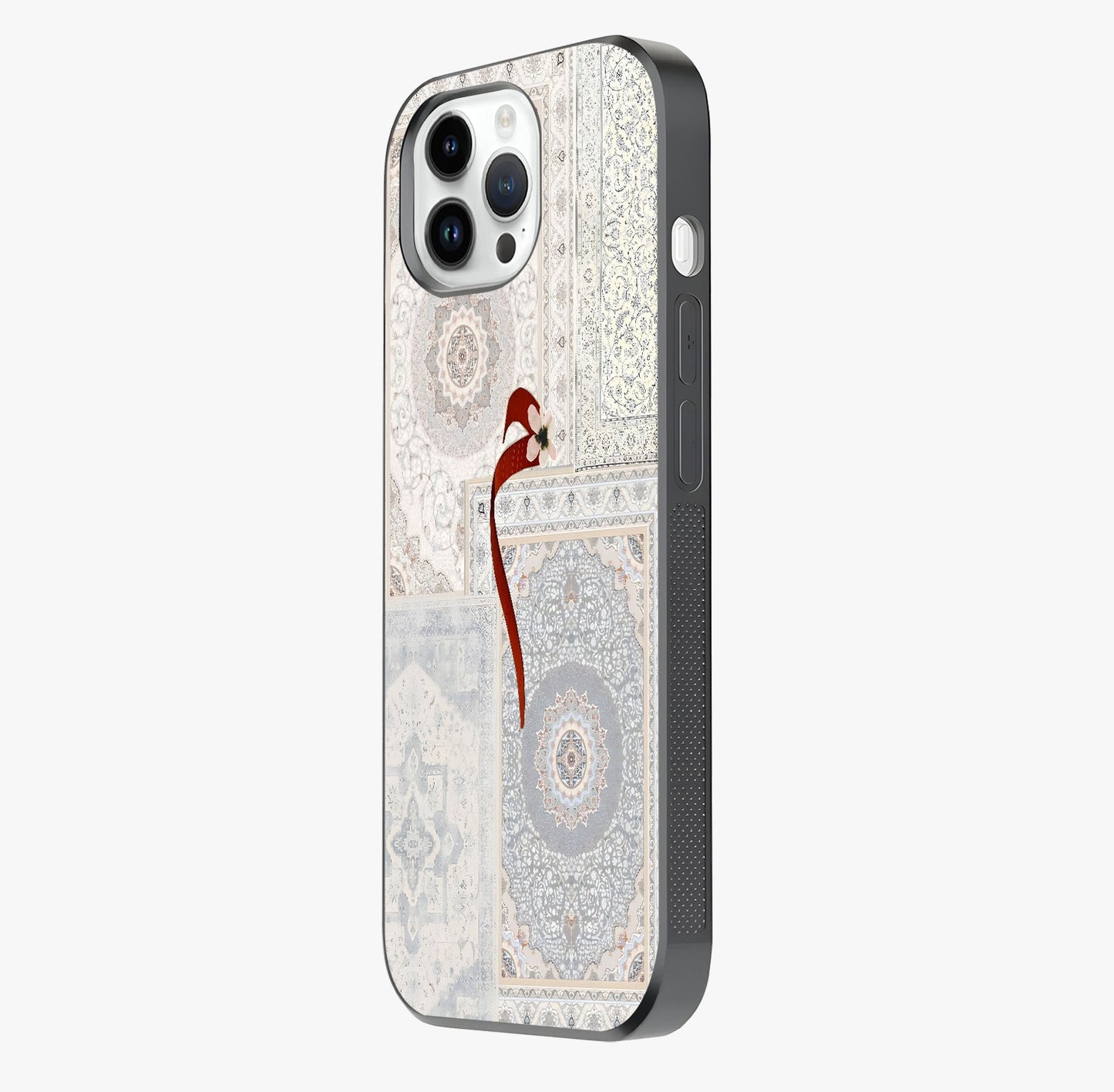 White Aesthetic Bow Glass Case photographed in natural light showing reflective finish and design depth.