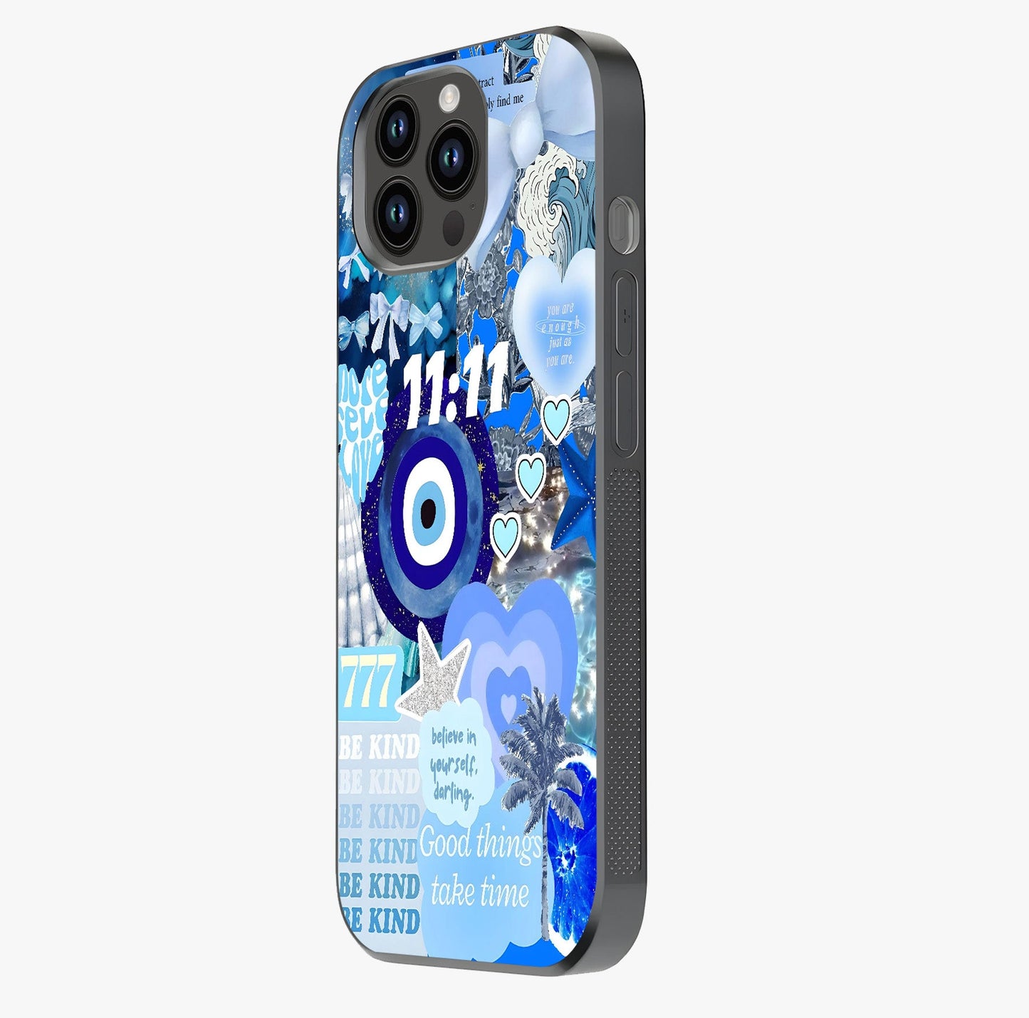 Aesthetic Be Kind Eye Glass Case photographed in natural light showing reflective finish and design depth.