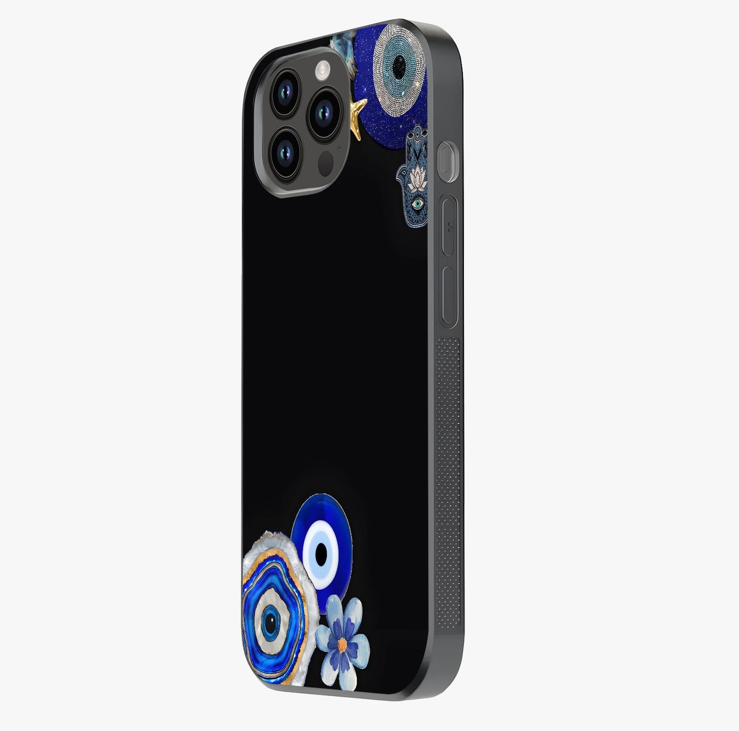 Aesthetic Blue Evil Eye Glass Case photographed in natural light showing reflective finish and design depth.