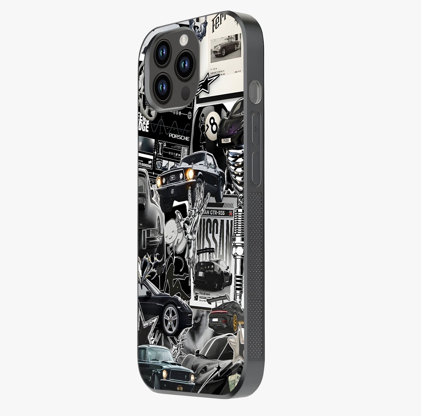 Aesthetic Dark Love Glass Case photographed in natural light showing reflective finish and design depth.