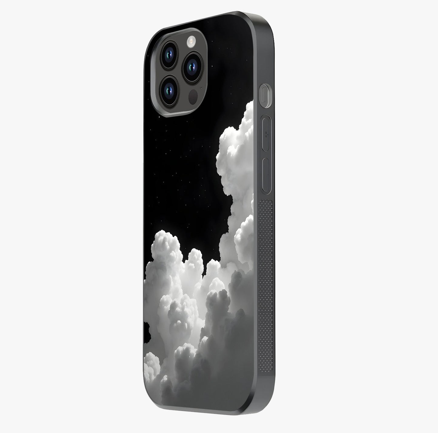 Black Background With White Cloud Glass Case photographed in natural light showing reflective finish and design depth.