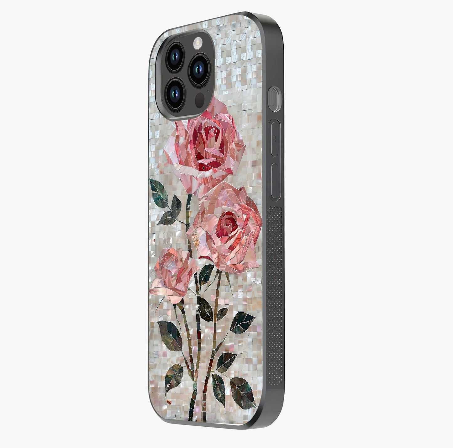 Blush Mosaic Bloom Glass Case photographed in natural light showing reflective finish and design depth.