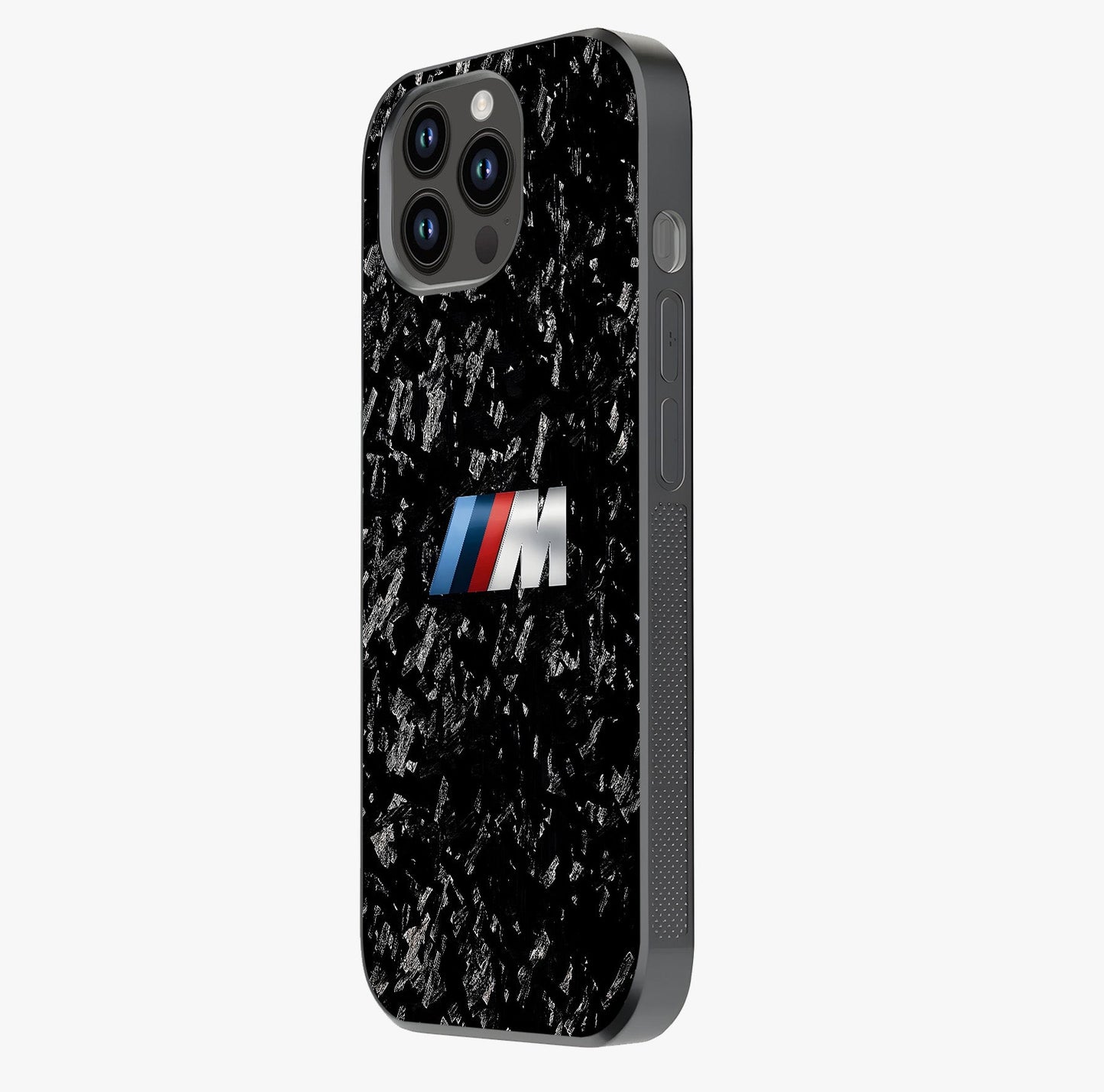 Carbon Speed Mark Glass Case photographed in natural light showing reflective finish and design depth.