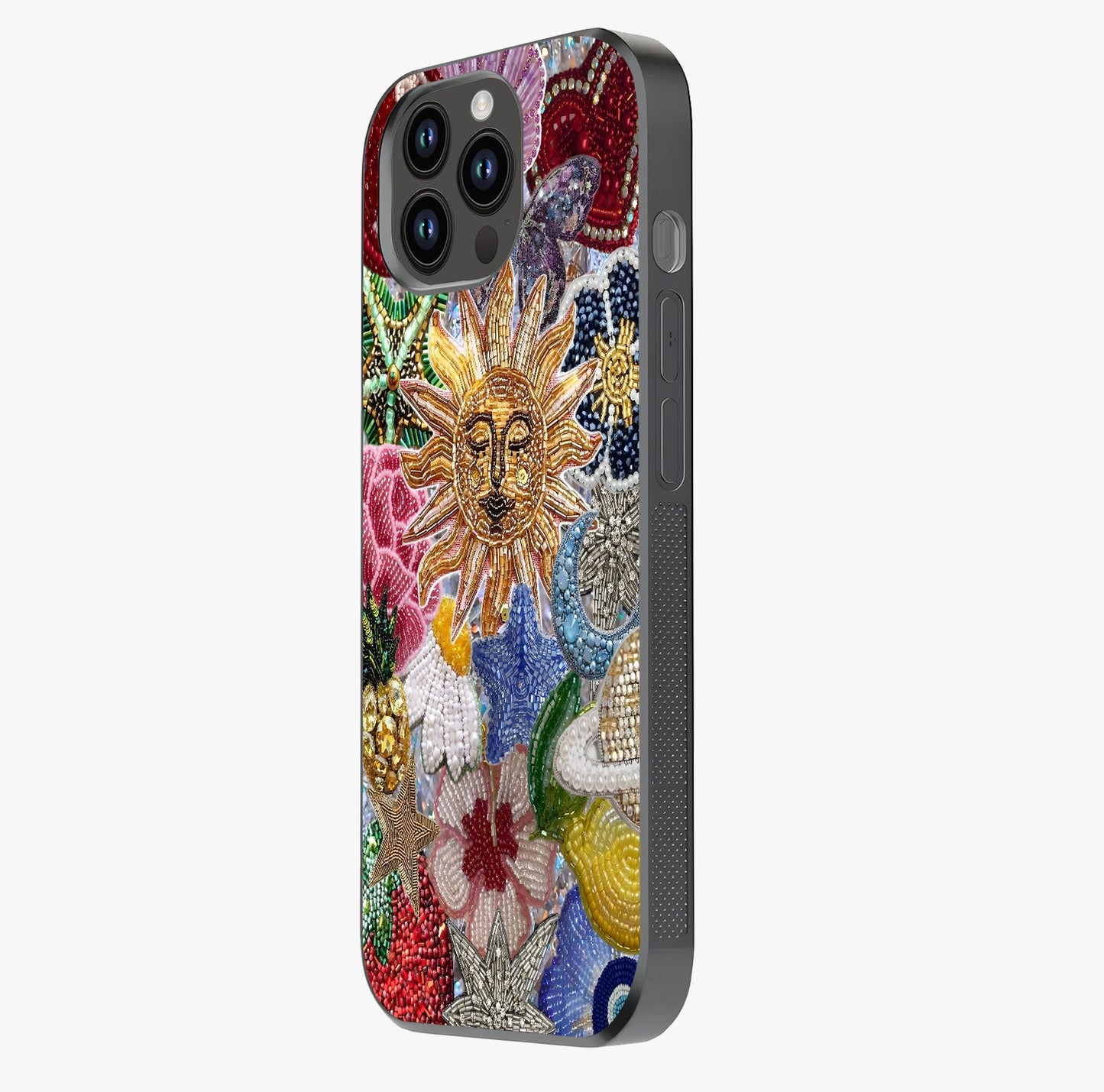 Celestial Floral And Playful Glass Case photographed in natural light showing reflective finish and design depth.