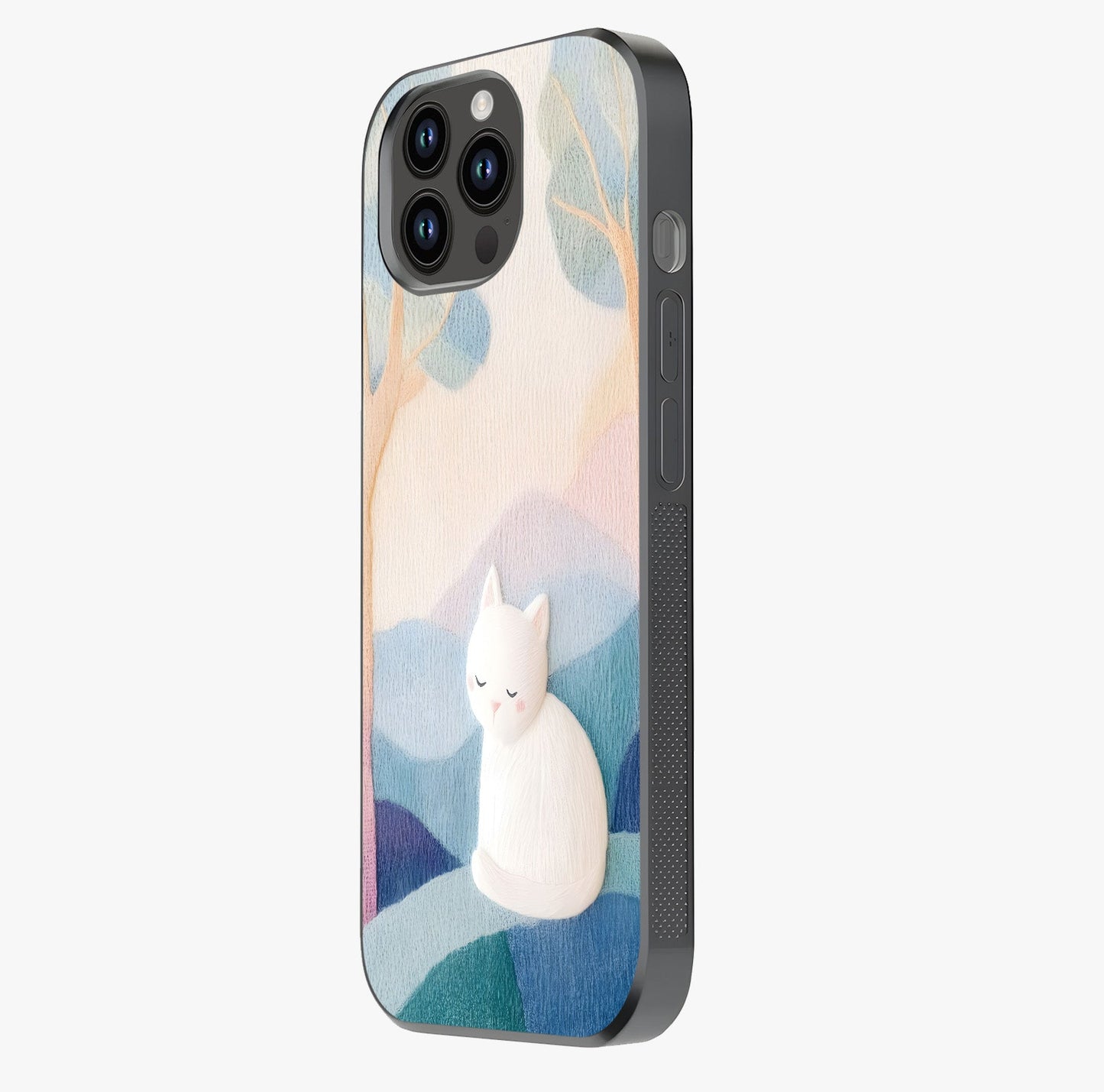 Cotton Dream Cat Glass Case photographed in natural light showing reflective finish and design depth.